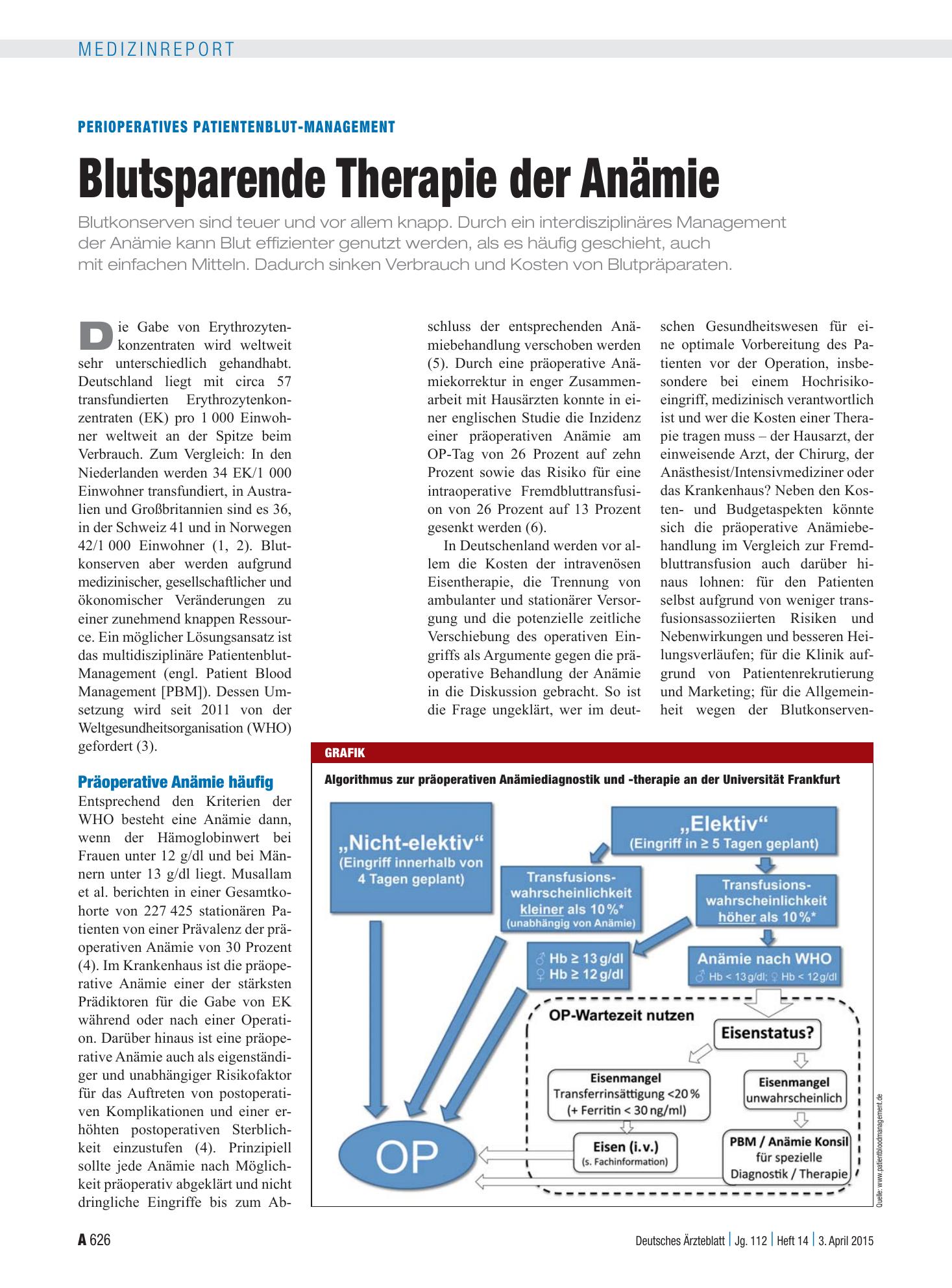 Vorschauseite 1: Perioperatives Patientenblut-Management: Blutsparende Therapie der Anämie – Deutsches Ärzteblatt
