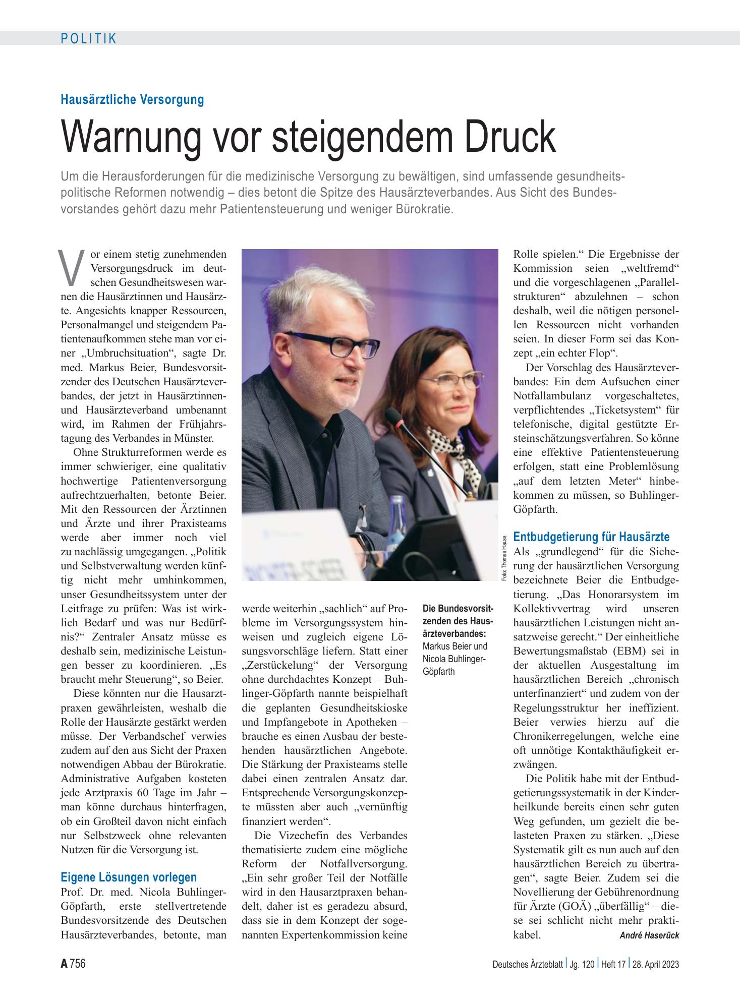 Vorschauseite 1: Hausärztliche Versorgung: Warnung vor steigendem Druck – Deutsches Ärzteblatt