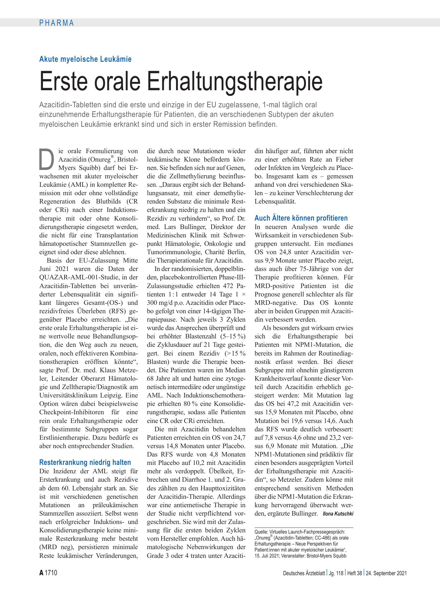 Vorschauseite 1: Akute myeloische Leukämie: Erste orale Erhaltungstherapie – Deutsches Ärzteblatt