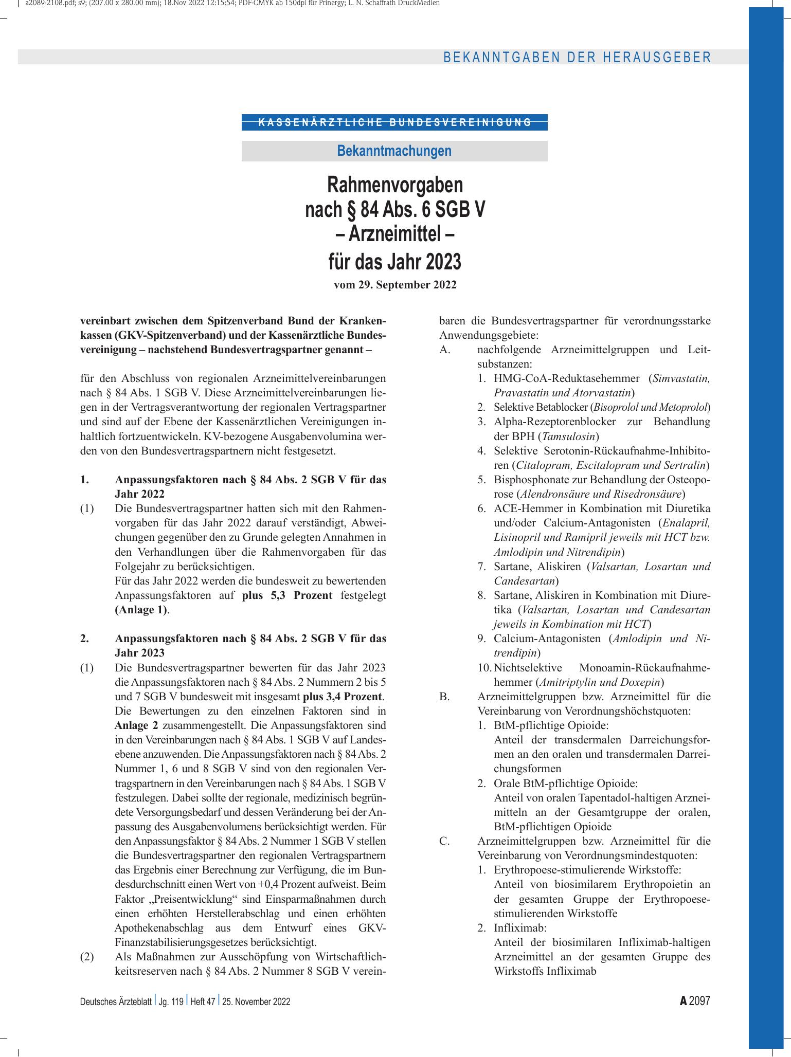 Vorschauseite 1: Rahmenvorgaben nach § 84 Abs. 6 SGB V – Arzneimittel – für das Jahr 2023 – Deutsches Ärzteblatt