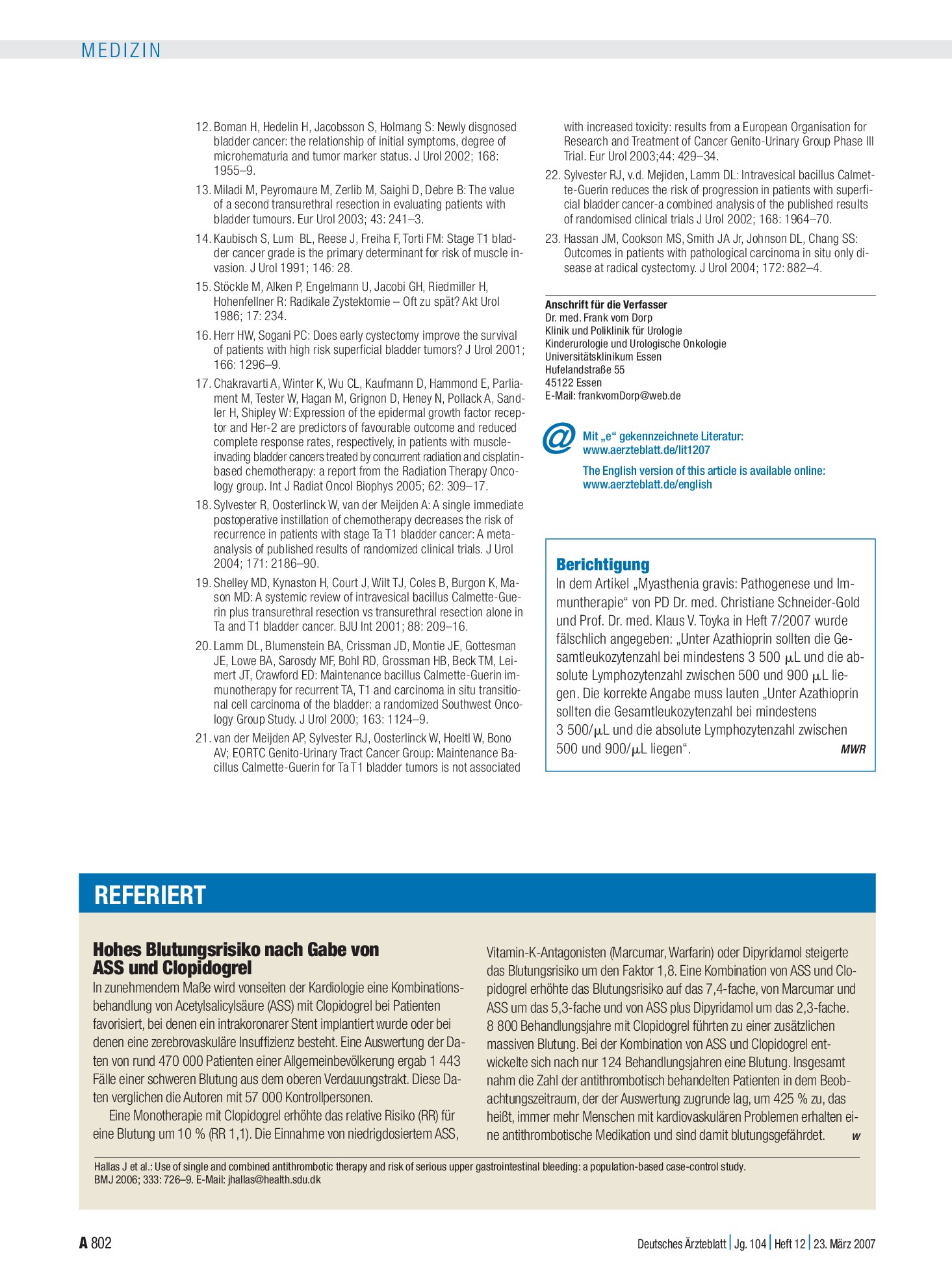 Vorschauseite 1: Hohes Blutungsrisiko nach Gabe von ASS und Clopidogrel – Deutsches Ärzteblatt