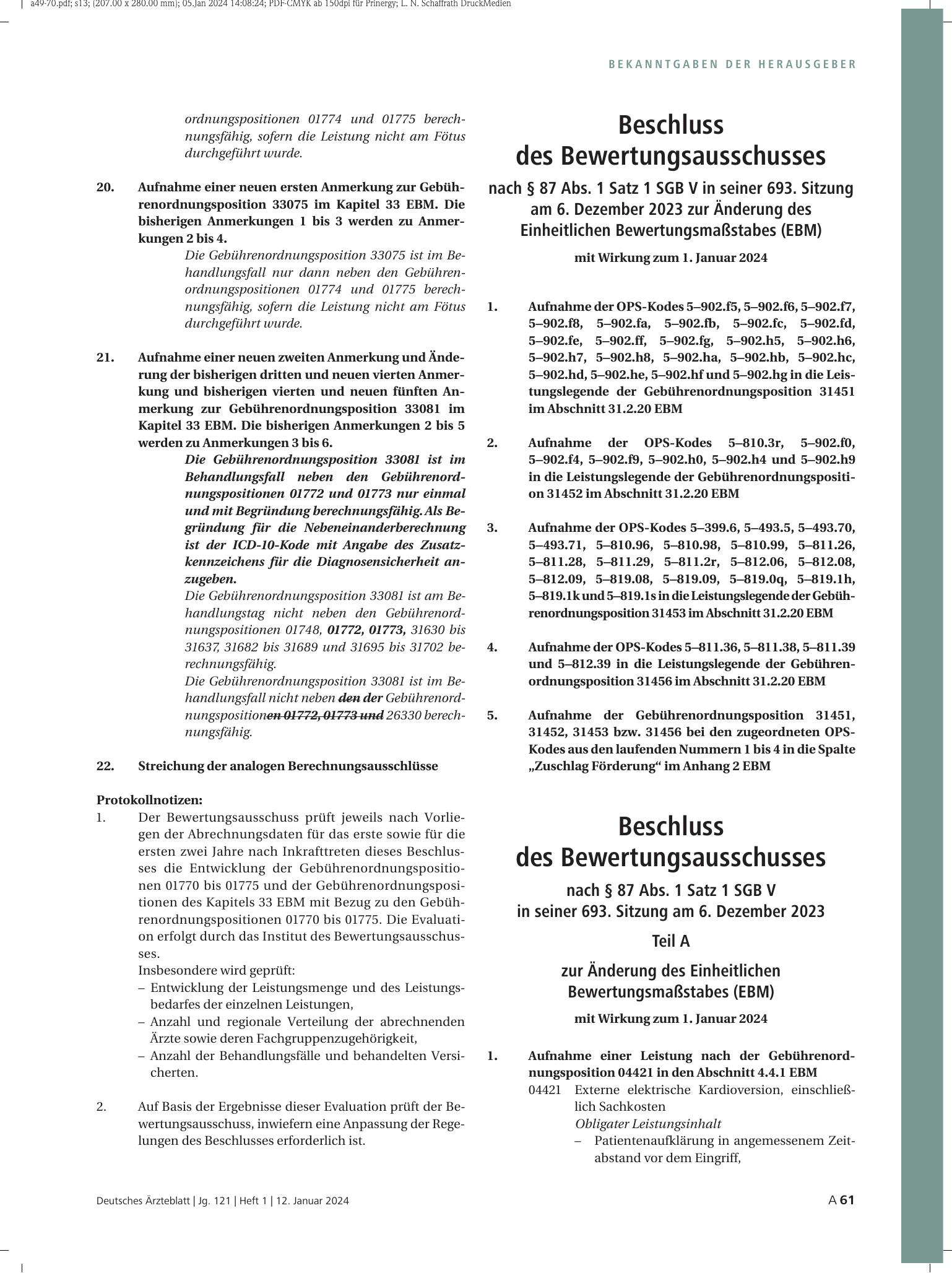 Vorschauseite 1: Beschluss des Bewertungsausschusses nach § 87 Abs. 1 Satz 1 SGB V in seiner 693. Sitzung am 6. Dezember 2023 zur Änderung des Einheitlichen Bewertungsmaßstabes (EBM) mit Wirkung z…