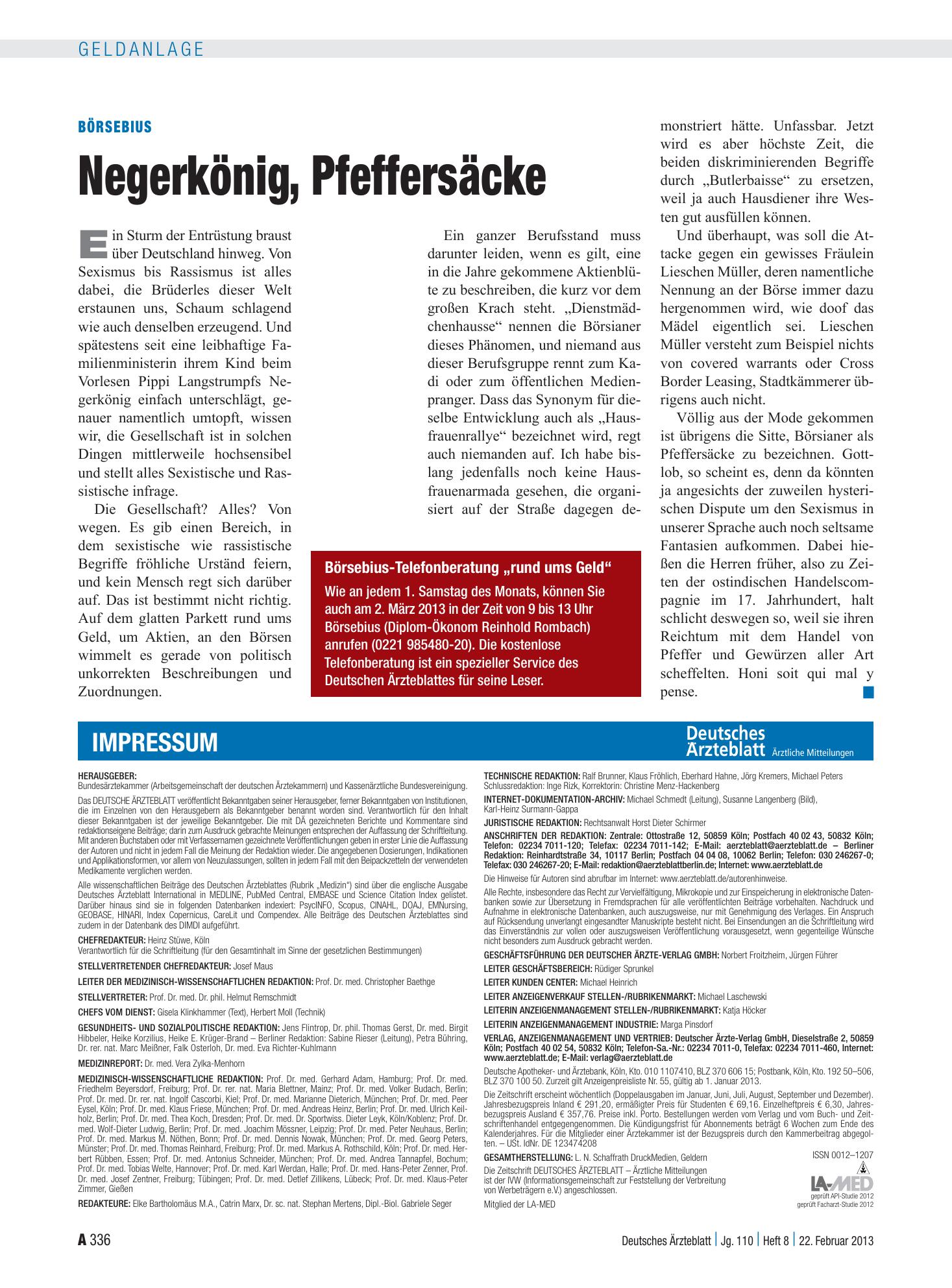 Vorschauseite 1: Börsebius: Negerkönig, Pfeffersäcke – Deutsches Ärzteblatt