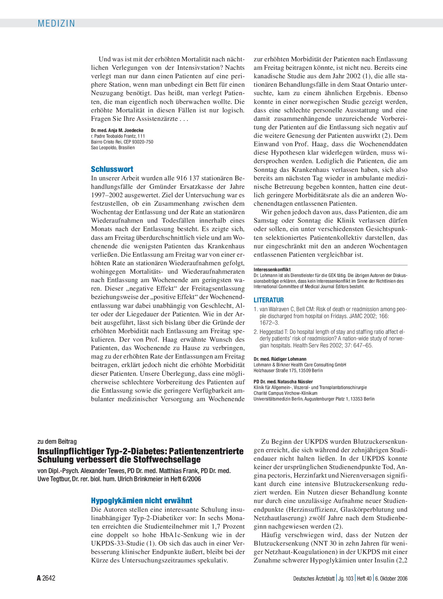 Vorschauseite 1: Insulinpflichtiger Typ-2-Diabetes – Patientenzentrierte Schulung verbessert die Stoffwechsellage: Hypoglykämien nicht erwähnt – Deutsches Ärzteblatt