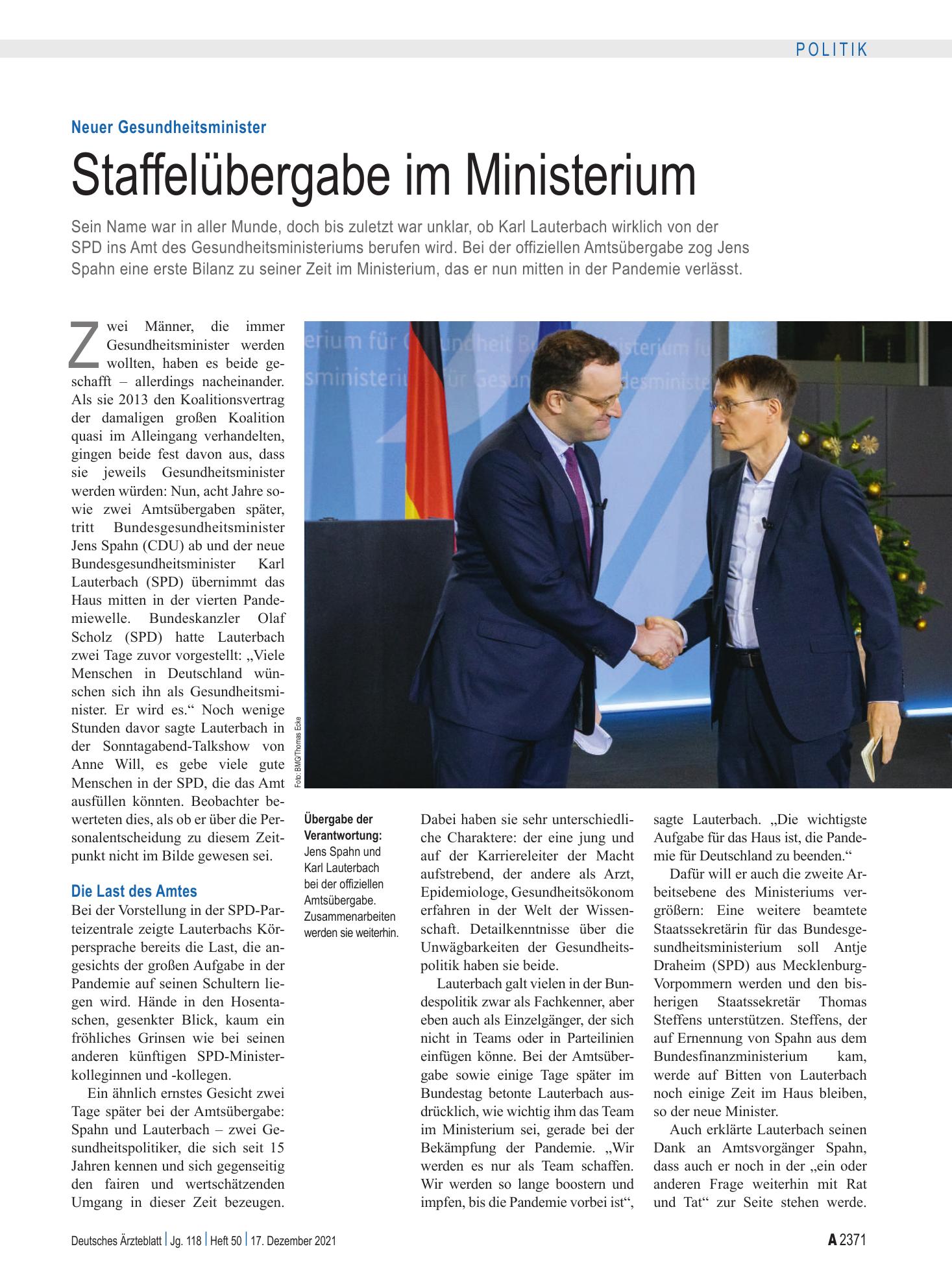 Vorschauseite 1: Neuer Gesundheitsminister: Staffelübergabe im Ministerium – Deutsches Ärzteblatt