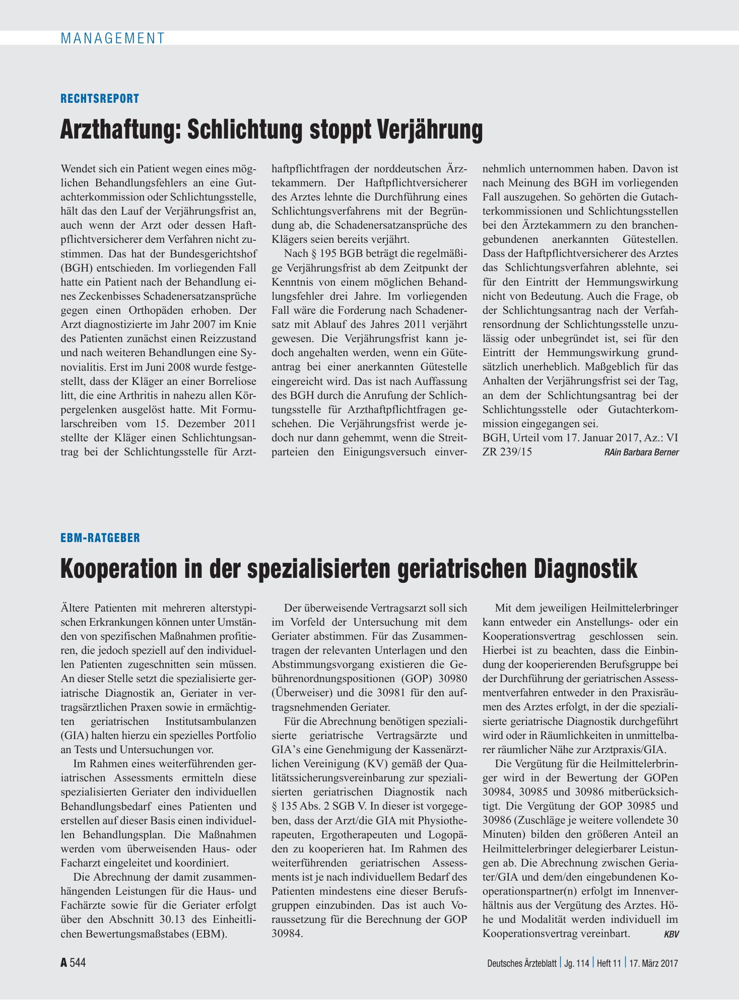 Vorschauseite 1: Rechtsreport: Arzthaftung – Schlichtung stoppt Verjährung – Deutsches Ärzteblatt