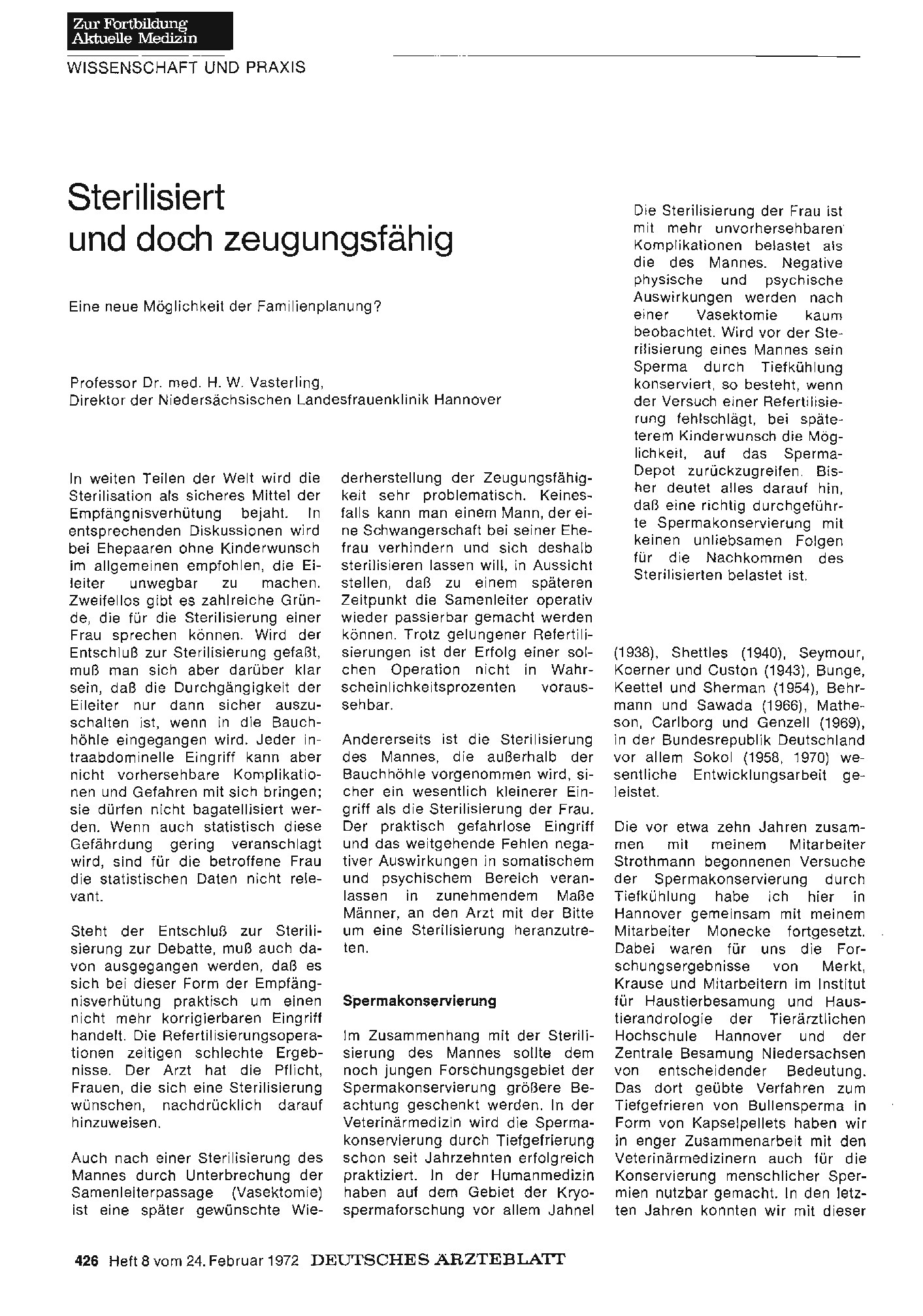 Vorschauseite 1: Sterilisiert und doch zeugungsfähig. Eine neue Möglichkeit der Familienplanung?