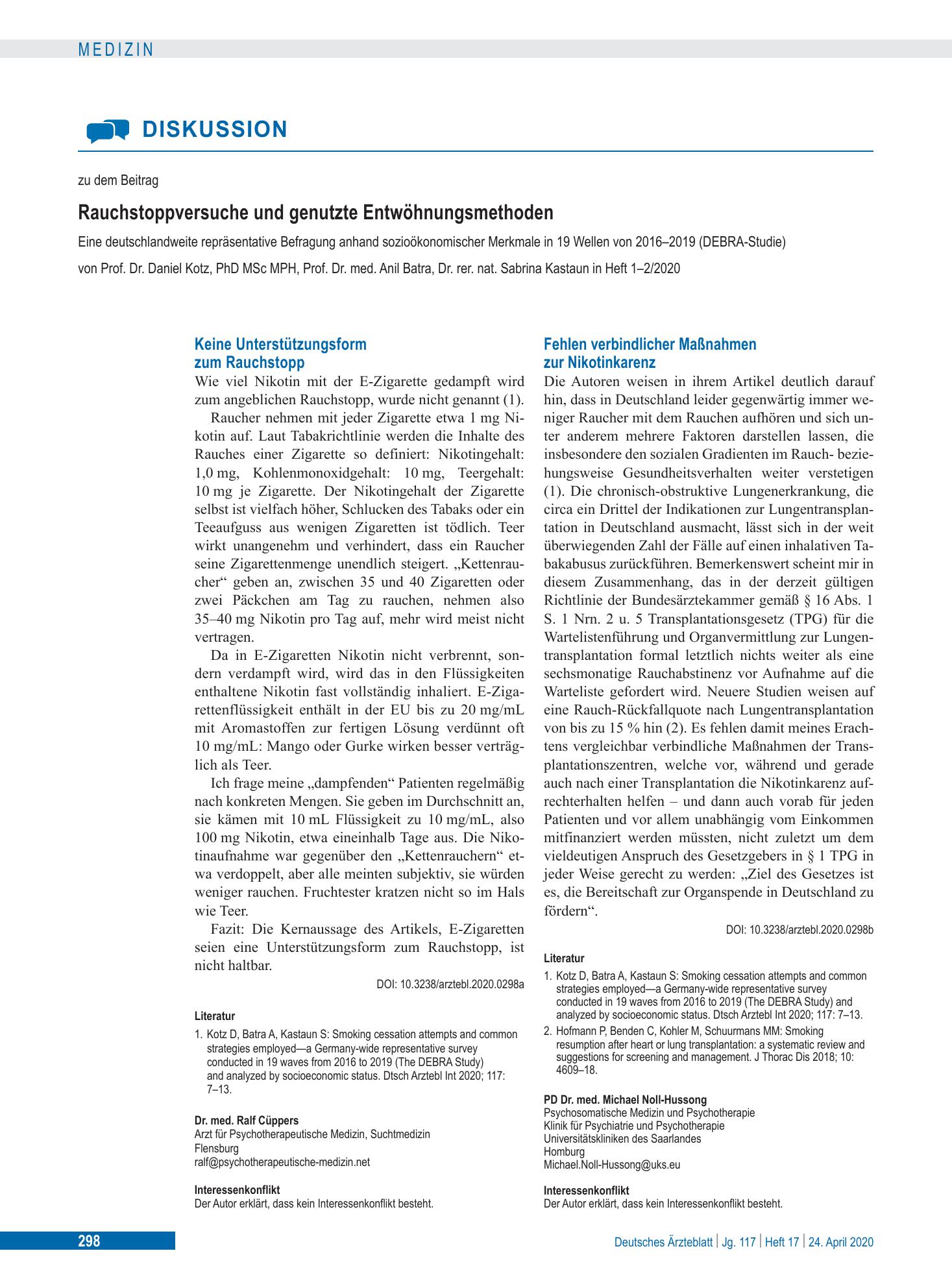 Vorschauseite 1: Keine Unterstützungsform zum Rauchstopp – Deutsches Ärzteblatt