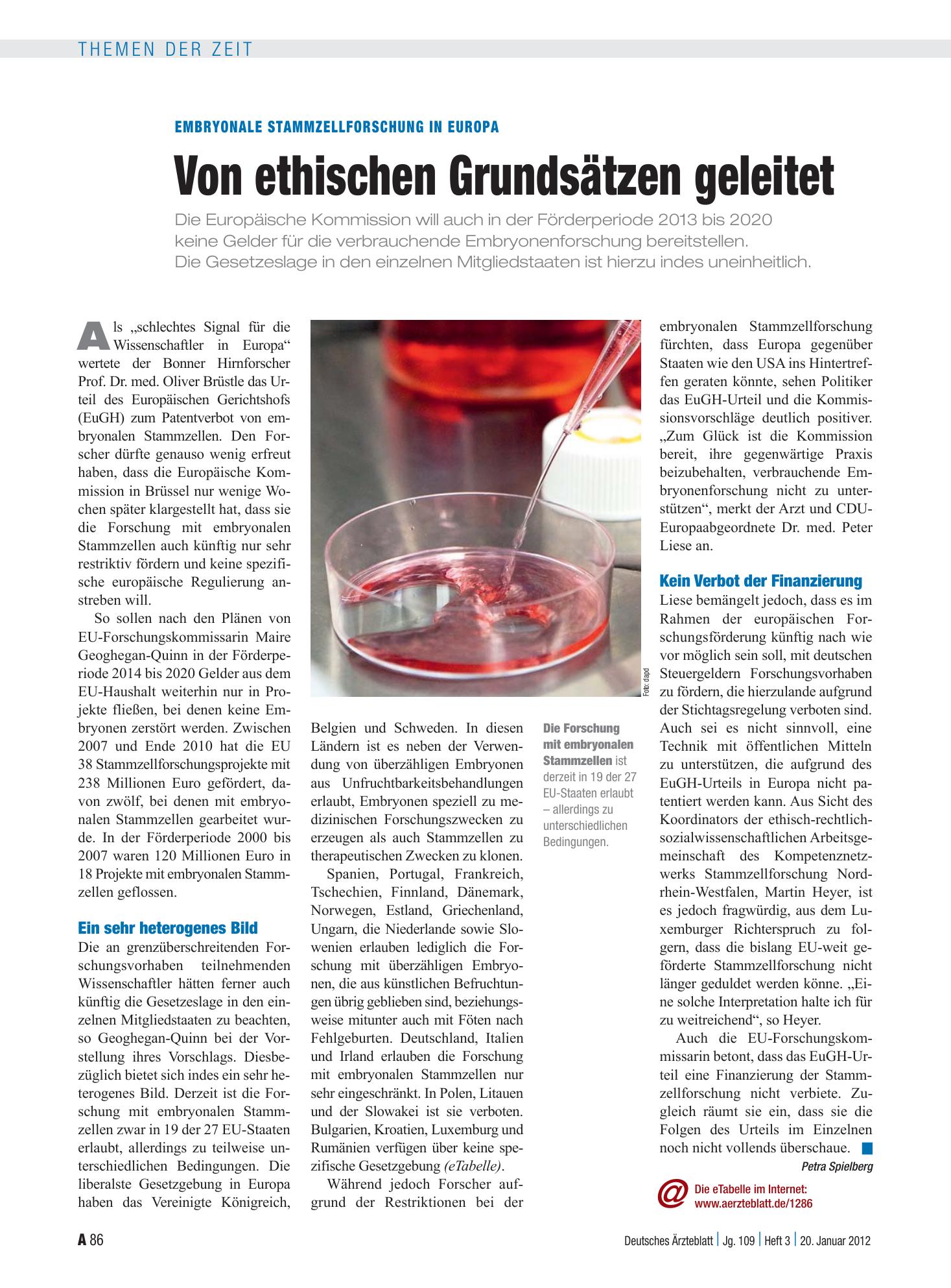 Vorschauseite 1: Embryonale Stammzellforschung in Europa: Von ethischen Grundsätzen geleitet – Deutsches Ärzteblatt