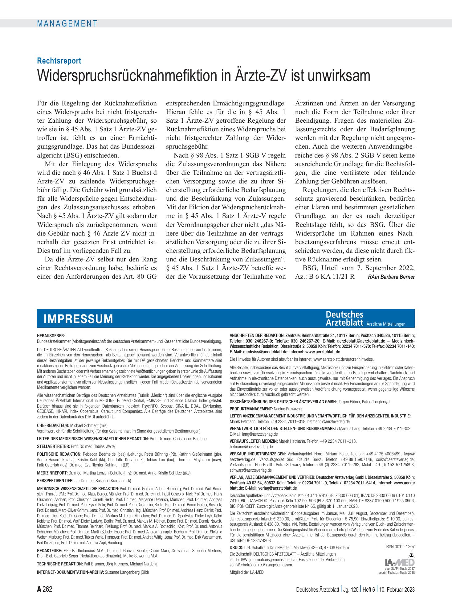 Vorschauseite 1: Rechtsreport: Widerspruchsrücknahmefiktion in Ärzte-ZV ist unwirksam – Deutsches Ärzteblatt