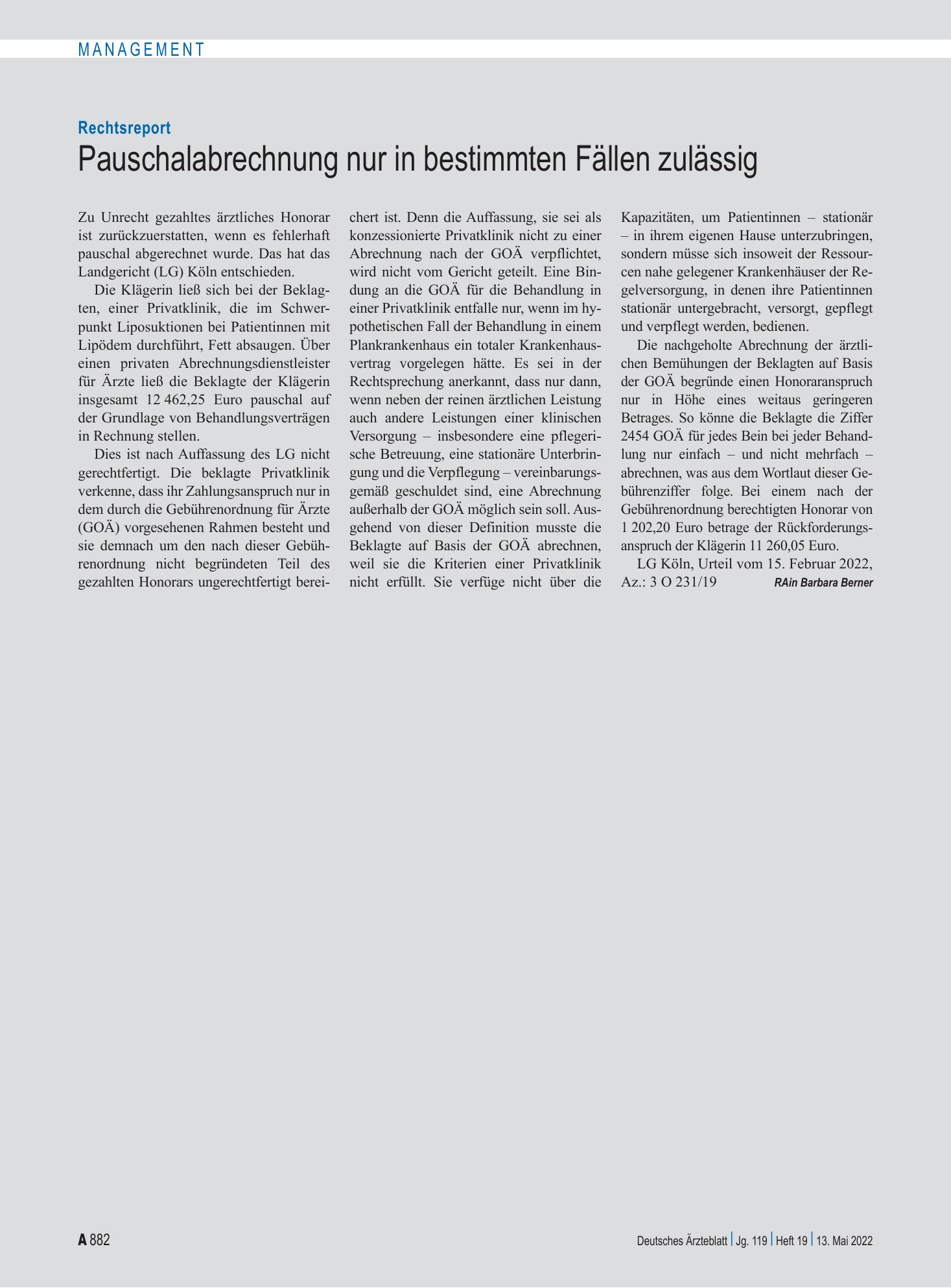 Vorschauseite 1: Rechtsreport: Pauschalabrechnung nur in bestimmten Fällen zulässig – Deutsches Ärzteblatt