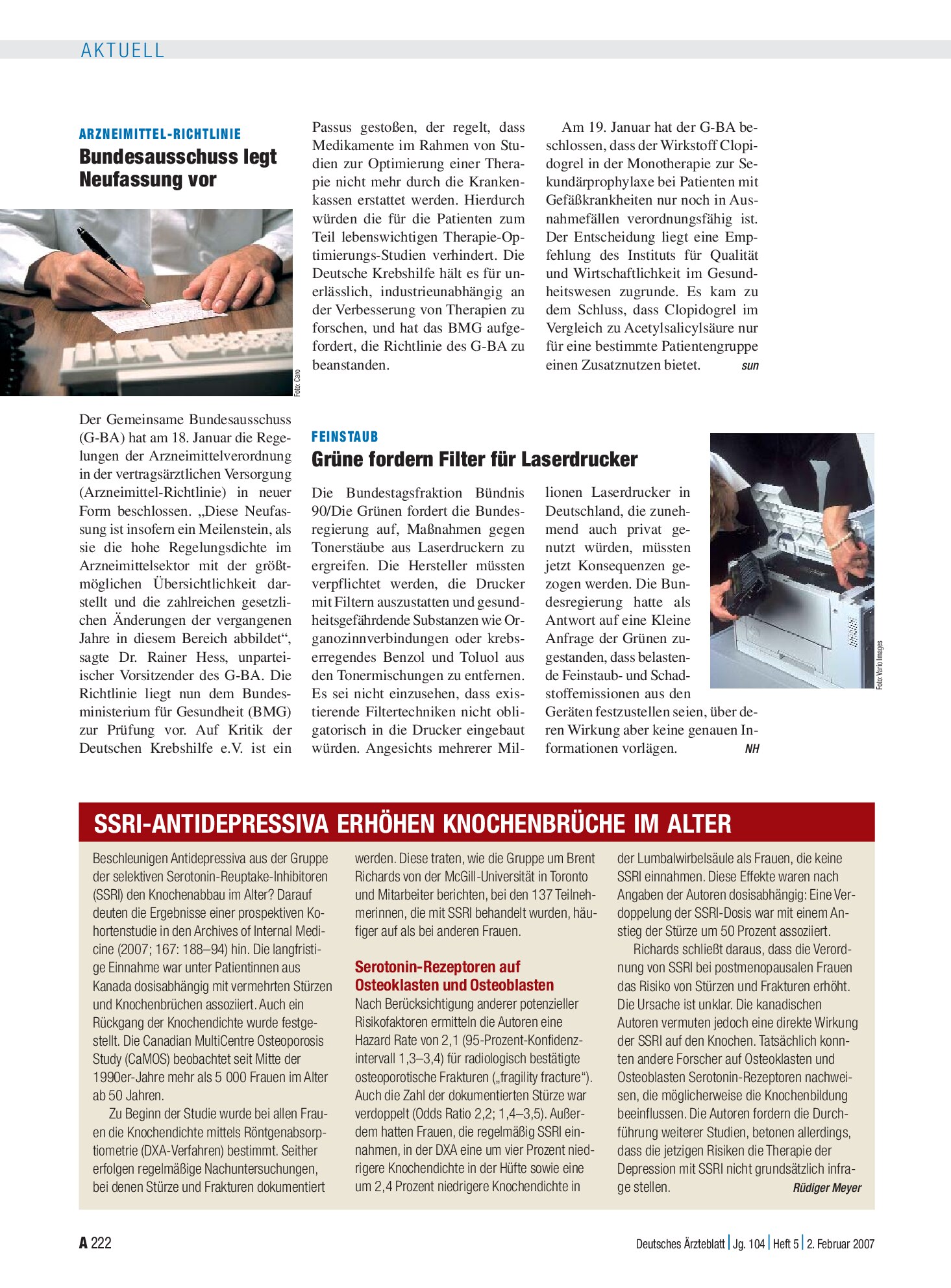 Vorschauseite 1: Feinstaub: Grüne fordern Filter für Laserdrucker – Deutsches Ärzteblatt