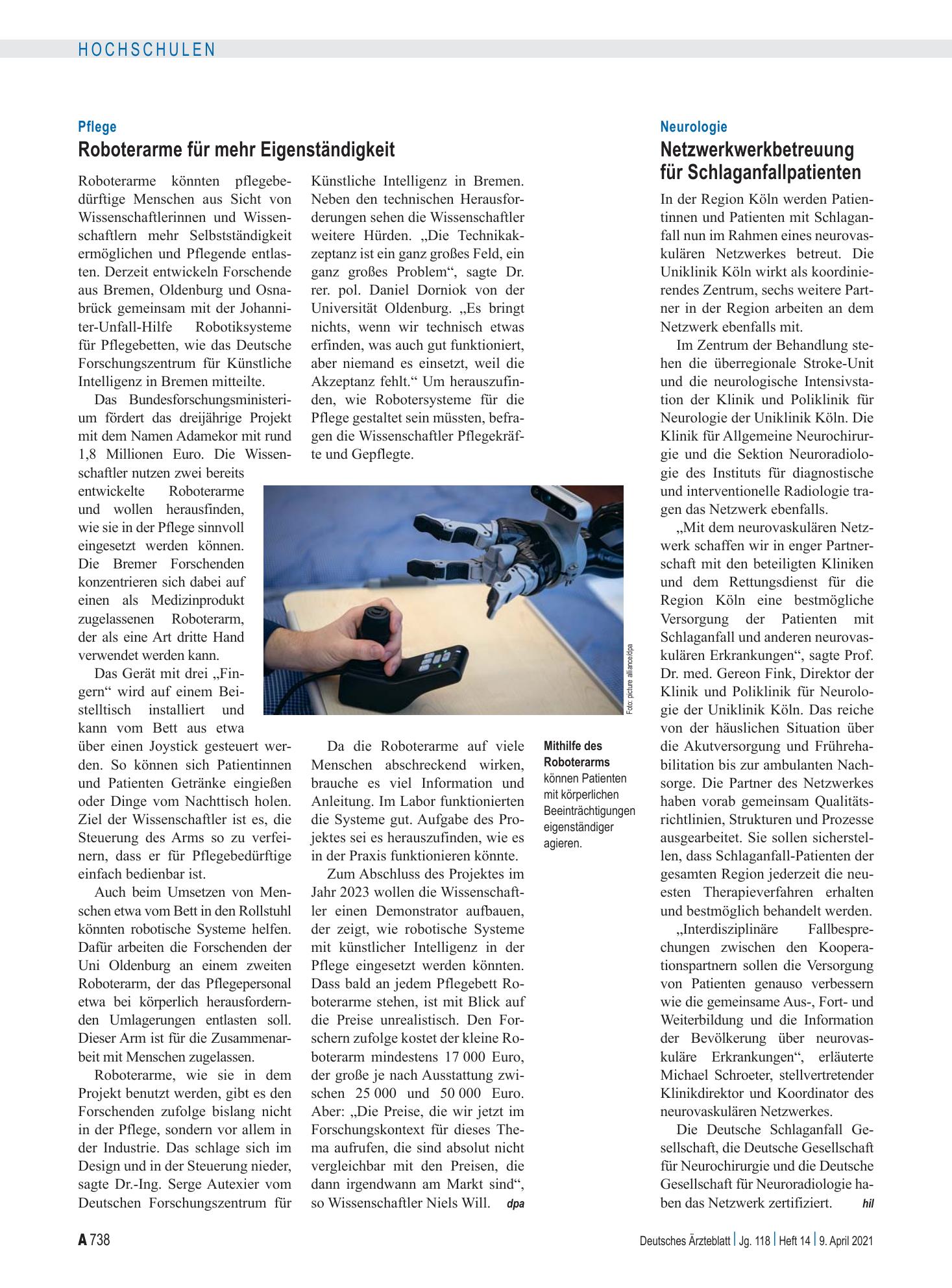 Vorschauseite 1: Neurologie: Netzwerkwerkbetreuung für Schlaganfallpatienten – Deutsches Ärzteblatt