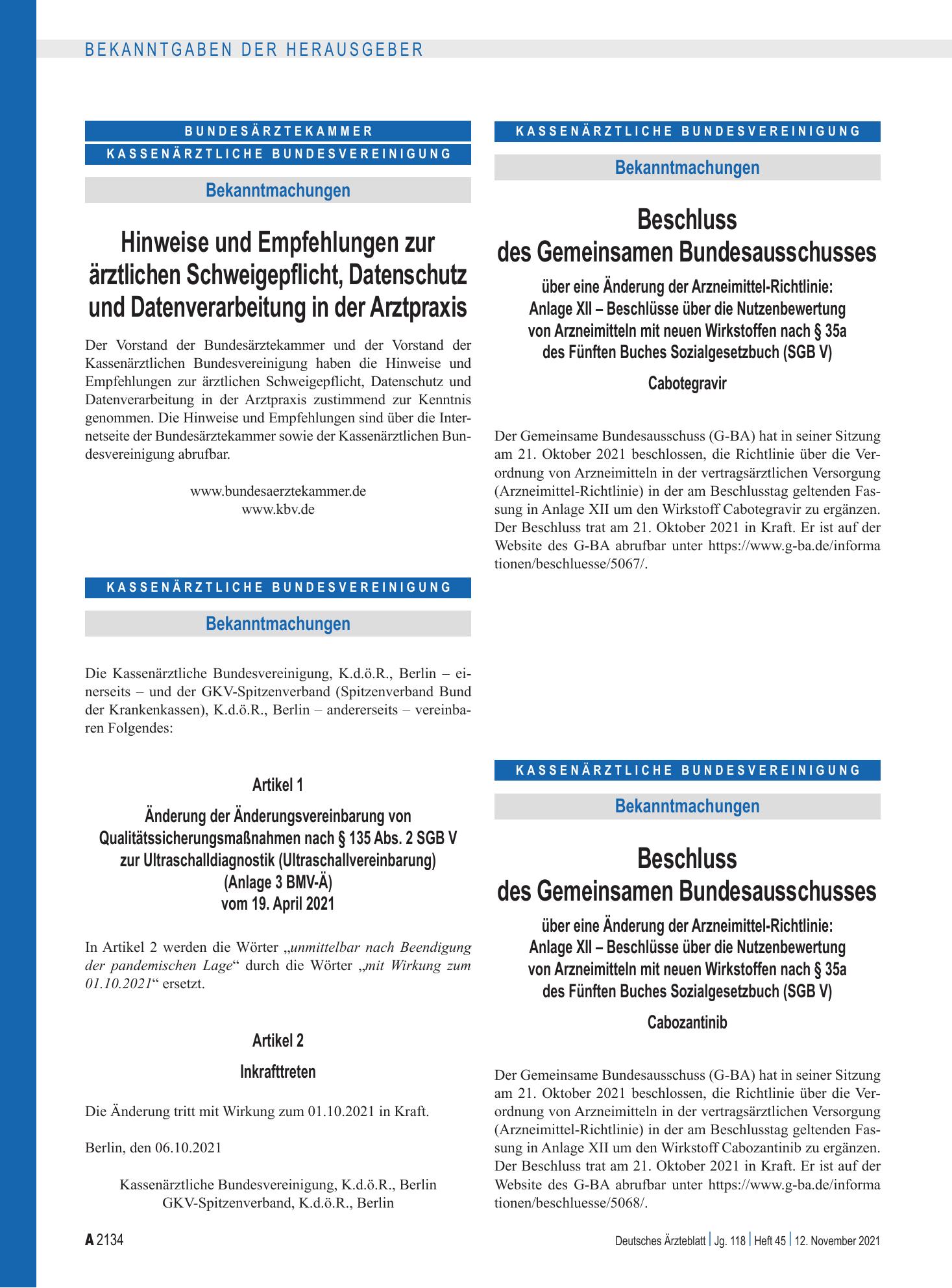 Vorschauseite 1: Beschluss des Gemeinsamen Bundesausschusses über eine Änderung der Arzneimittel-Richtlinie: Anlage XII – Cabotegravir – Deutsches Ärzteblatt