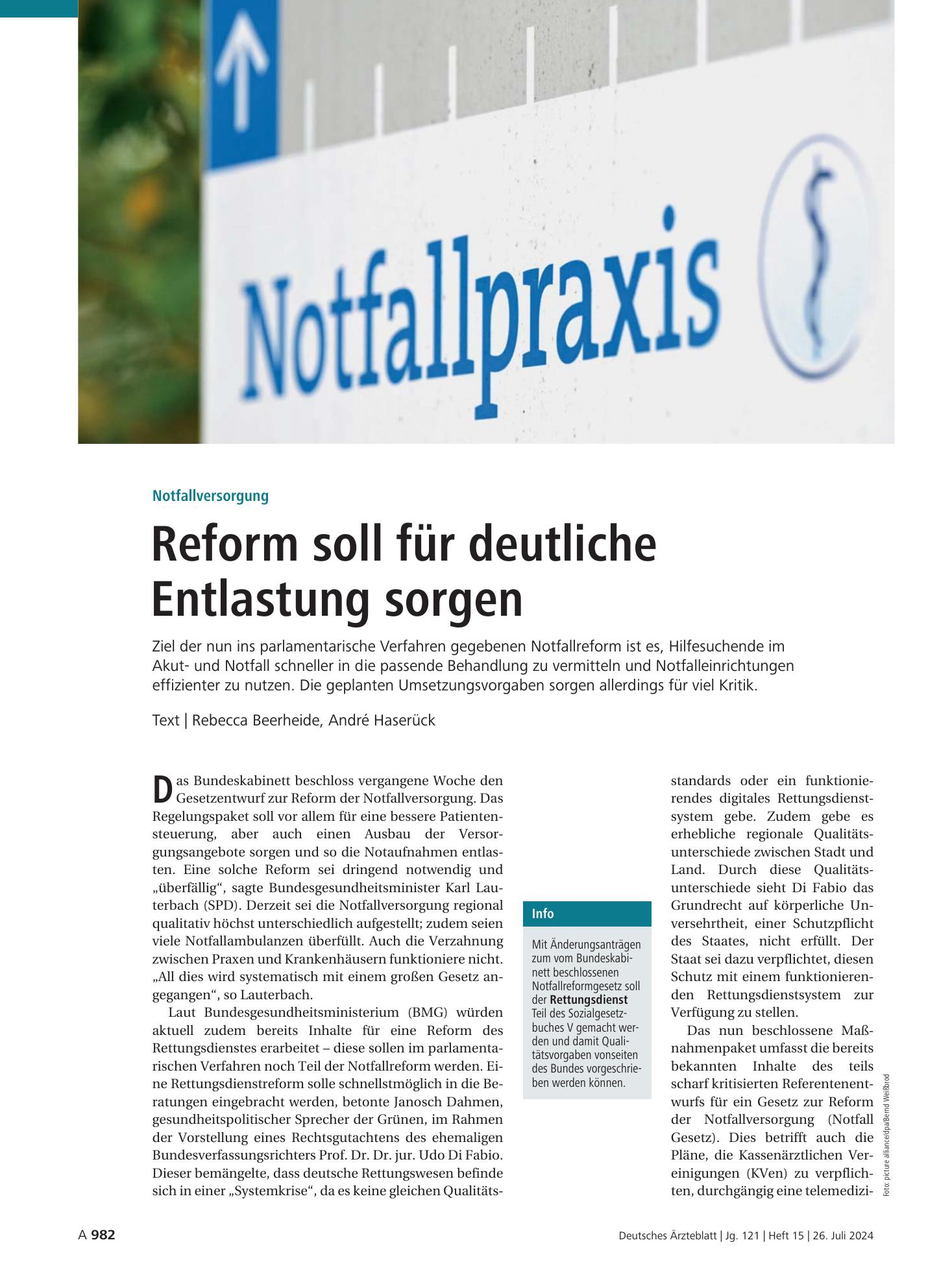 Vorschauseite 1: Notfallversorgung: Reform soll für deutliche Entlastung sorgen – Deutsches Ärzteblatt