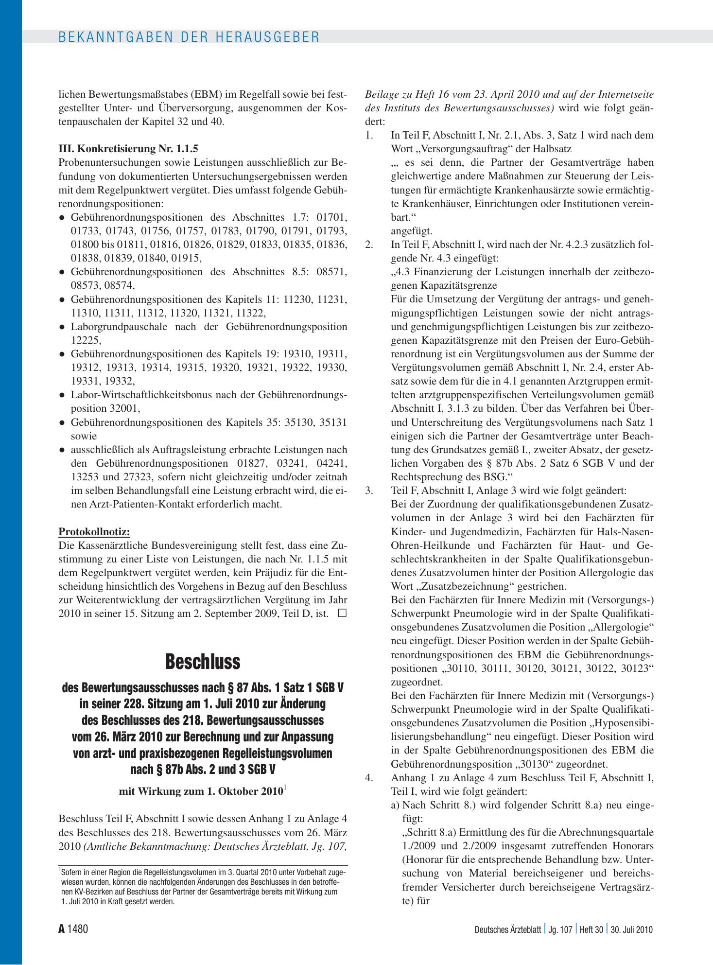 Vorschauseite 1: Beschluss des Bewertungsausschusses nach § 87 Abs. 1 Satz 1 SGB V in seiner 228. Sitzung am 1. Juli 2010 zur Änderung des Beschlusses des 218. Bewertungsausschusses vom 26. März 2…