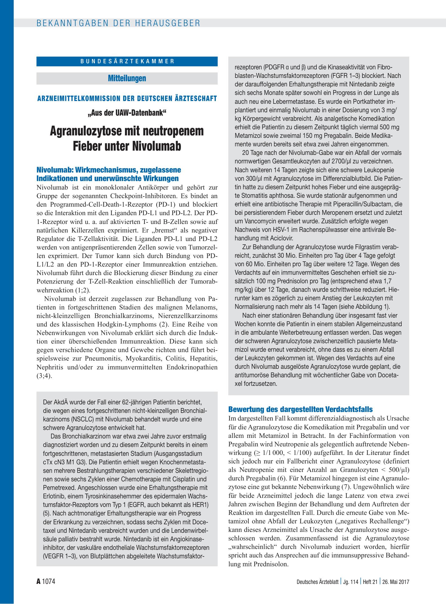 Vorschauseite 1: Arzneimittelkommission der Deutschen Ärzteschaft: „Aus der UAW-Datenbank“ Agranulozytose mit neutropenem Fieber unter Nivolumab – Deutsches Ärzteblatt