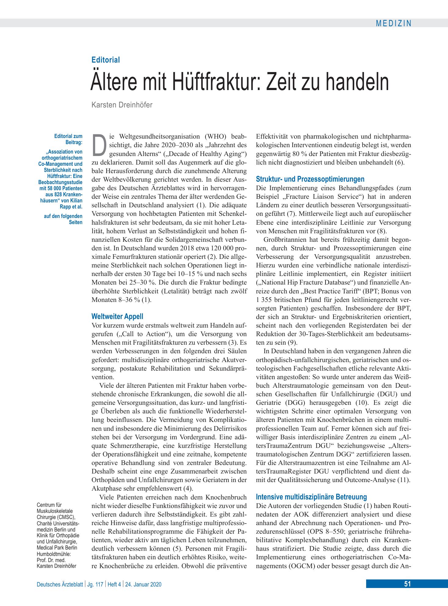 Vorschauseite 1: Ältere mit Hüftfraktur: Zeit zu handeln – Deutsches Ärzteblatt
