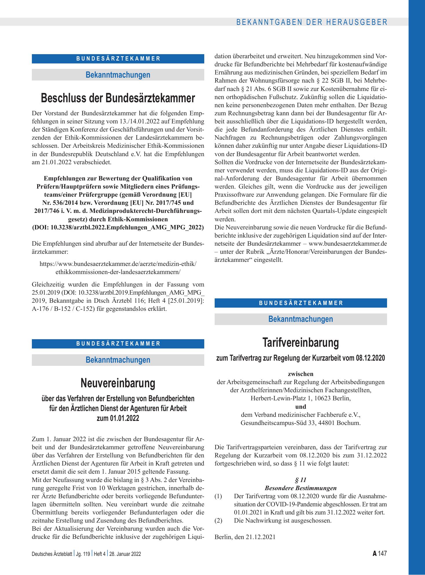 Vorschauseite 1: Tarifvereinbarung zum Tarifvertrag zur Regelung der Kurzarbeit vom 08.12.2020 – Deutsches Ärzteblatt