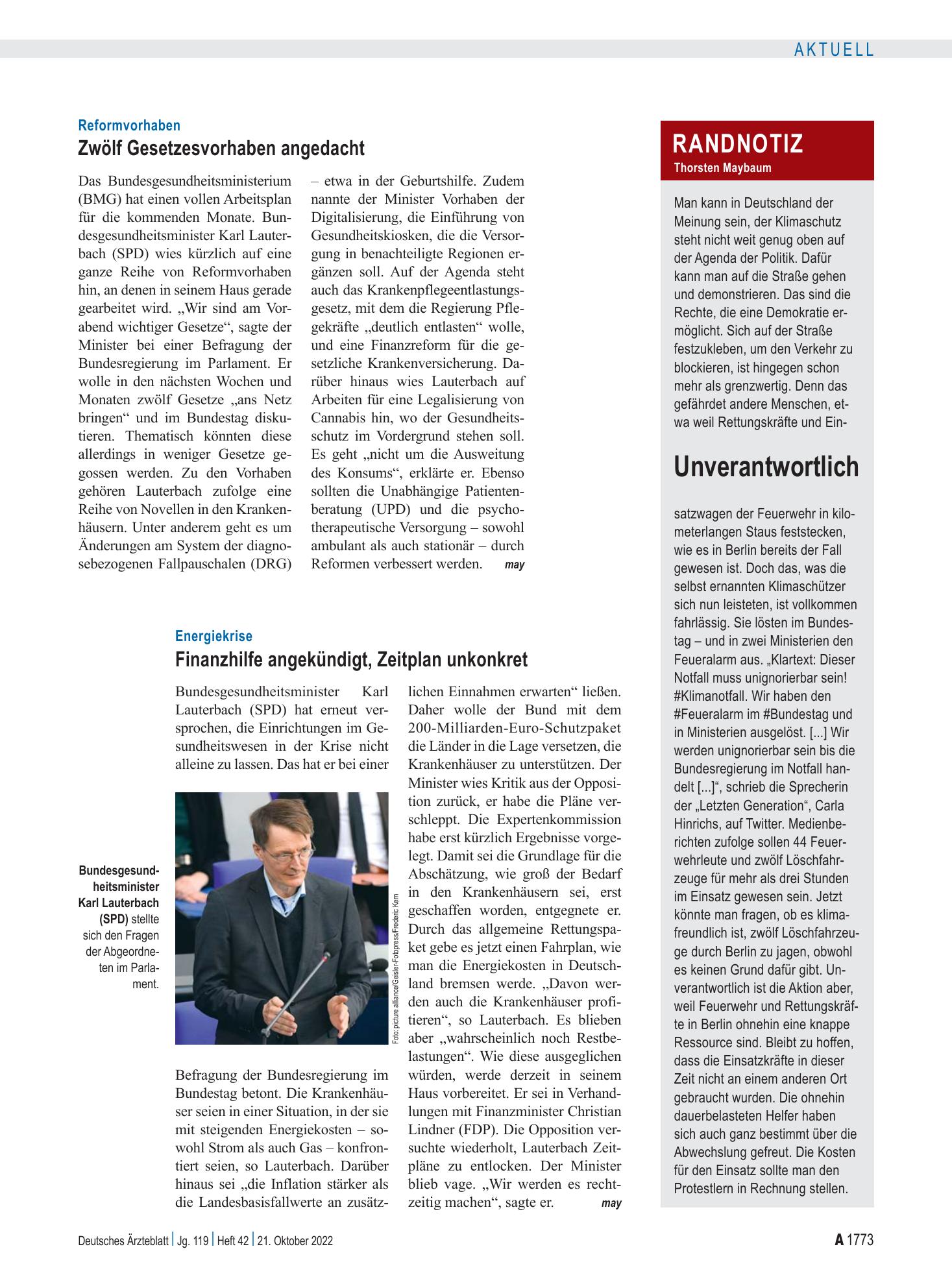 Vorschauseite 1: Reformvorhaben: Zwölf Gesetzesvorhaben angedacht – Deutsches Ärzteblatt
