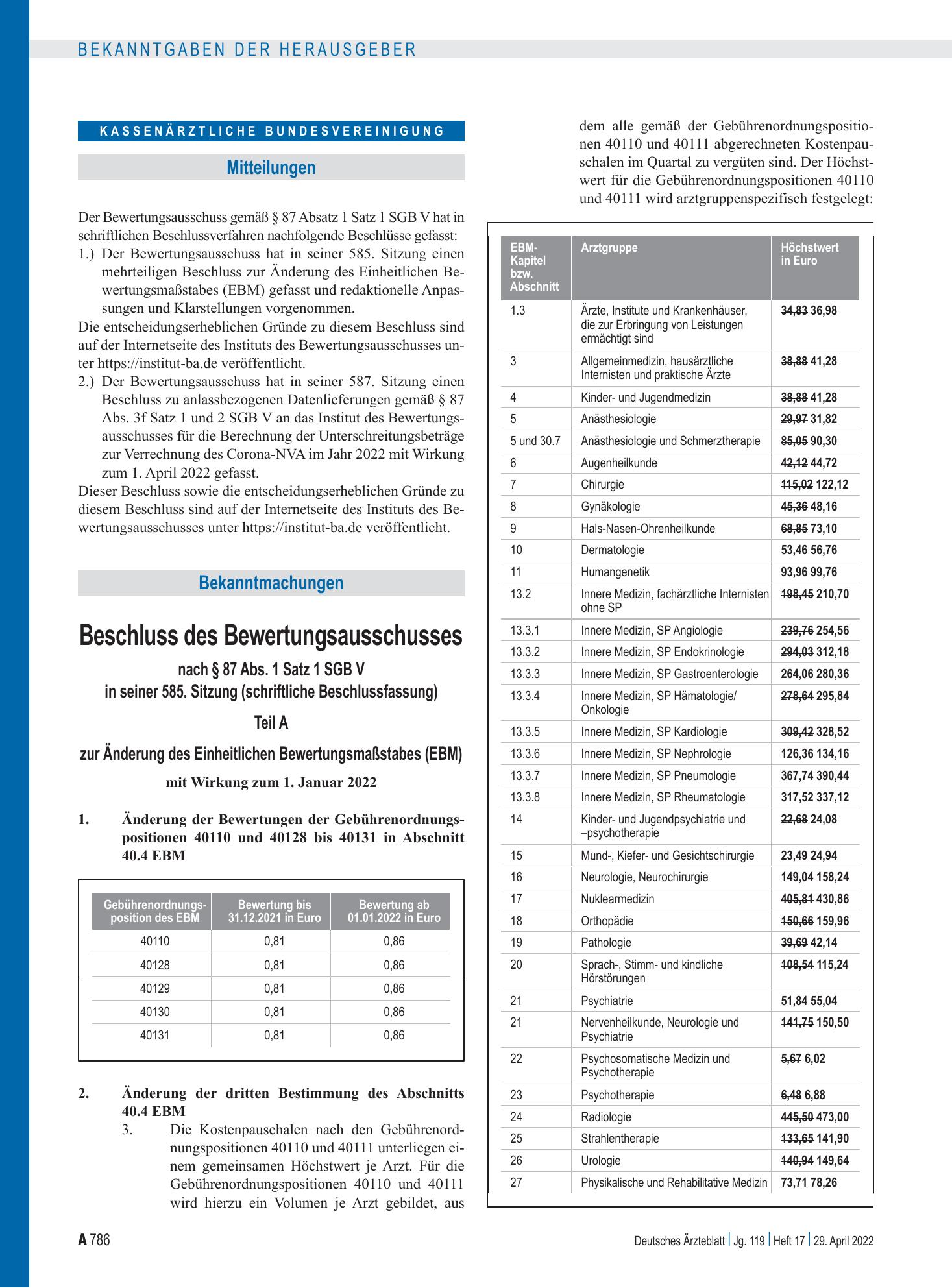 Vorschauseite 1: Beschluss des Bewertungsausschusses nach § 87 Abs. 1 Satz 1 SGB V in seiner 585. Sitzung (schriftliche Beschlussfassung): Teil A, Teil B, Teil C, Teil D, Teil E zur Änderung des E…