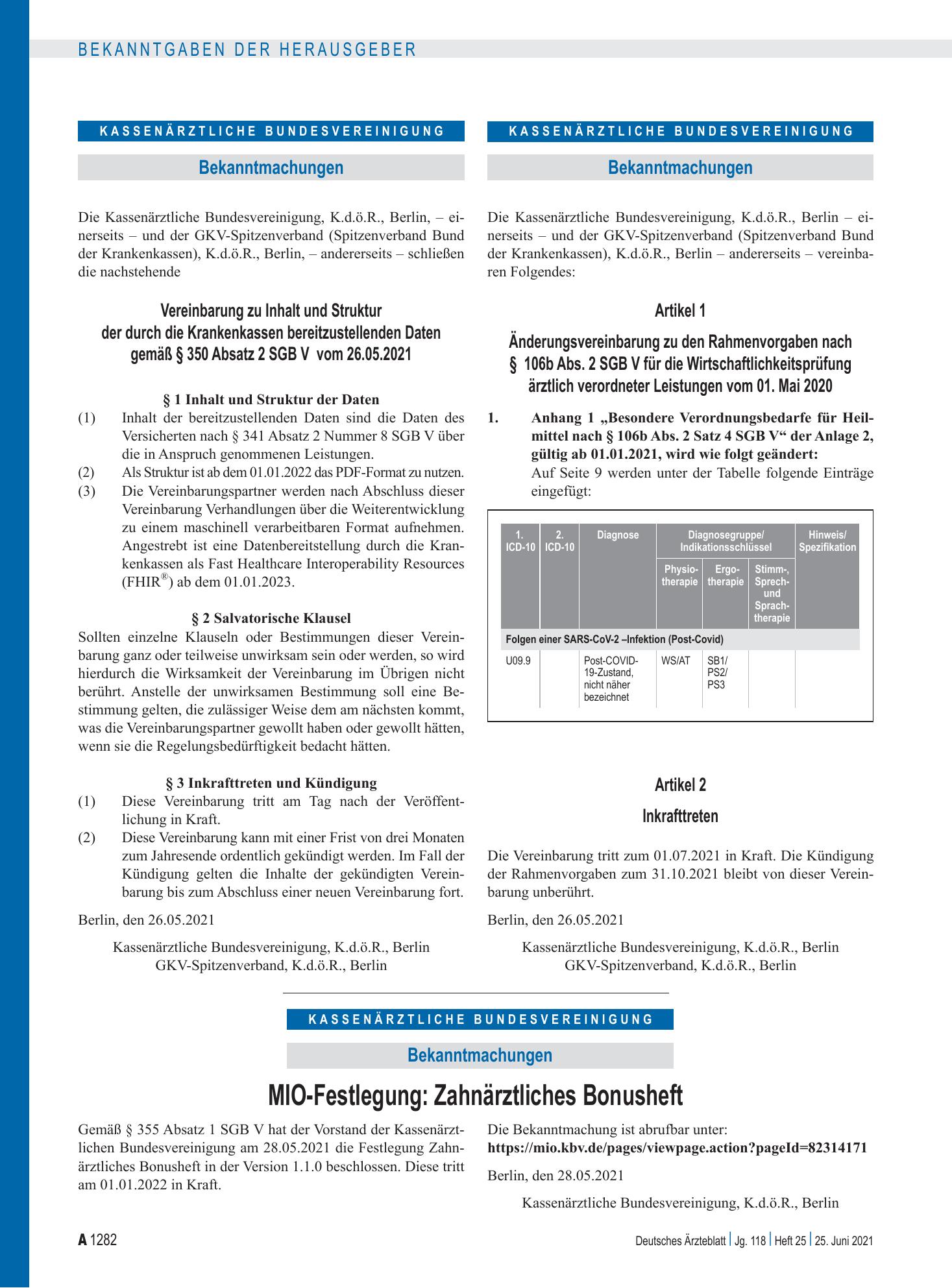 Vorschauseite 1: MIO-Festlegung: Zahnärztliches Bonusheft – Deutsches Ärzteblatt