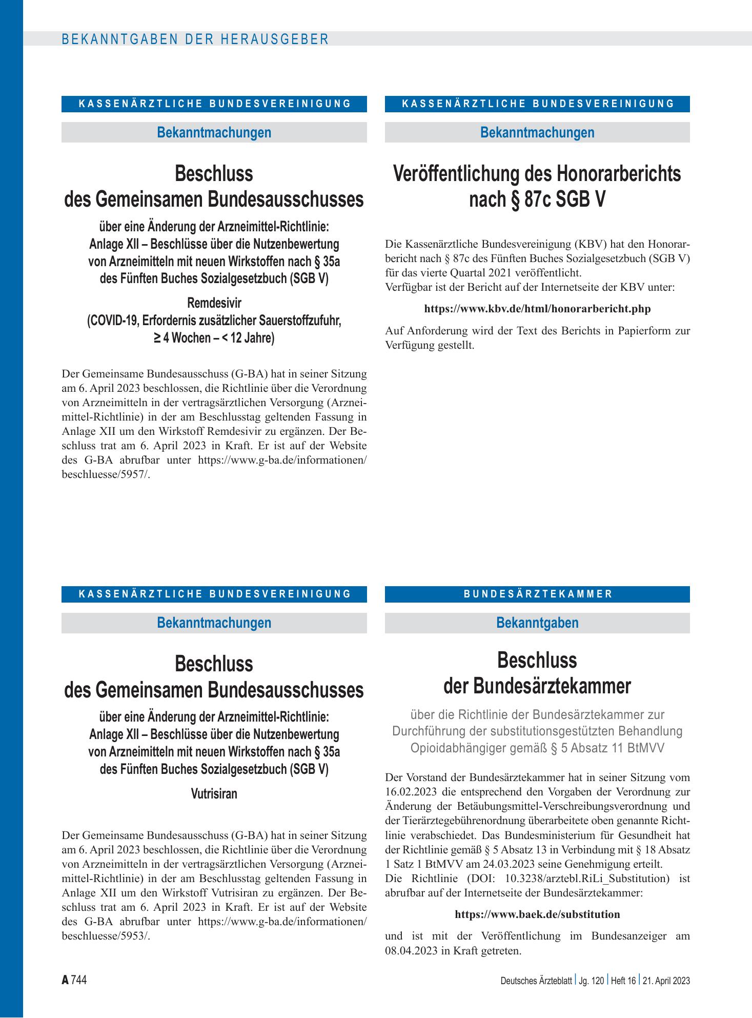 Vorschauseite 1: Beschluss der Bundesärztekammer – Deutsches Ärzteblatt
