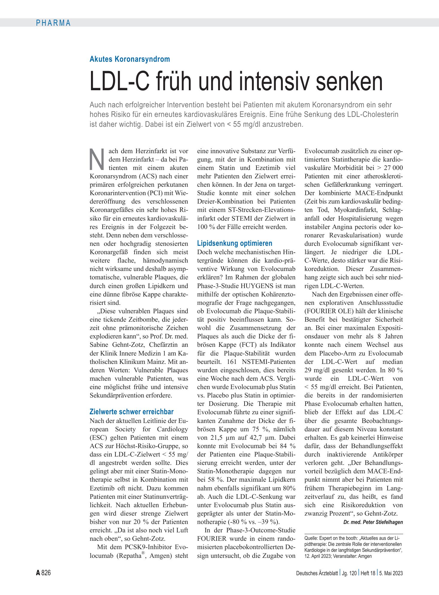 Vorschauseite 1: Akutes Koronarsyndrom: LDL-C früh und intensiv senken – Deutsches Ärzteblatt