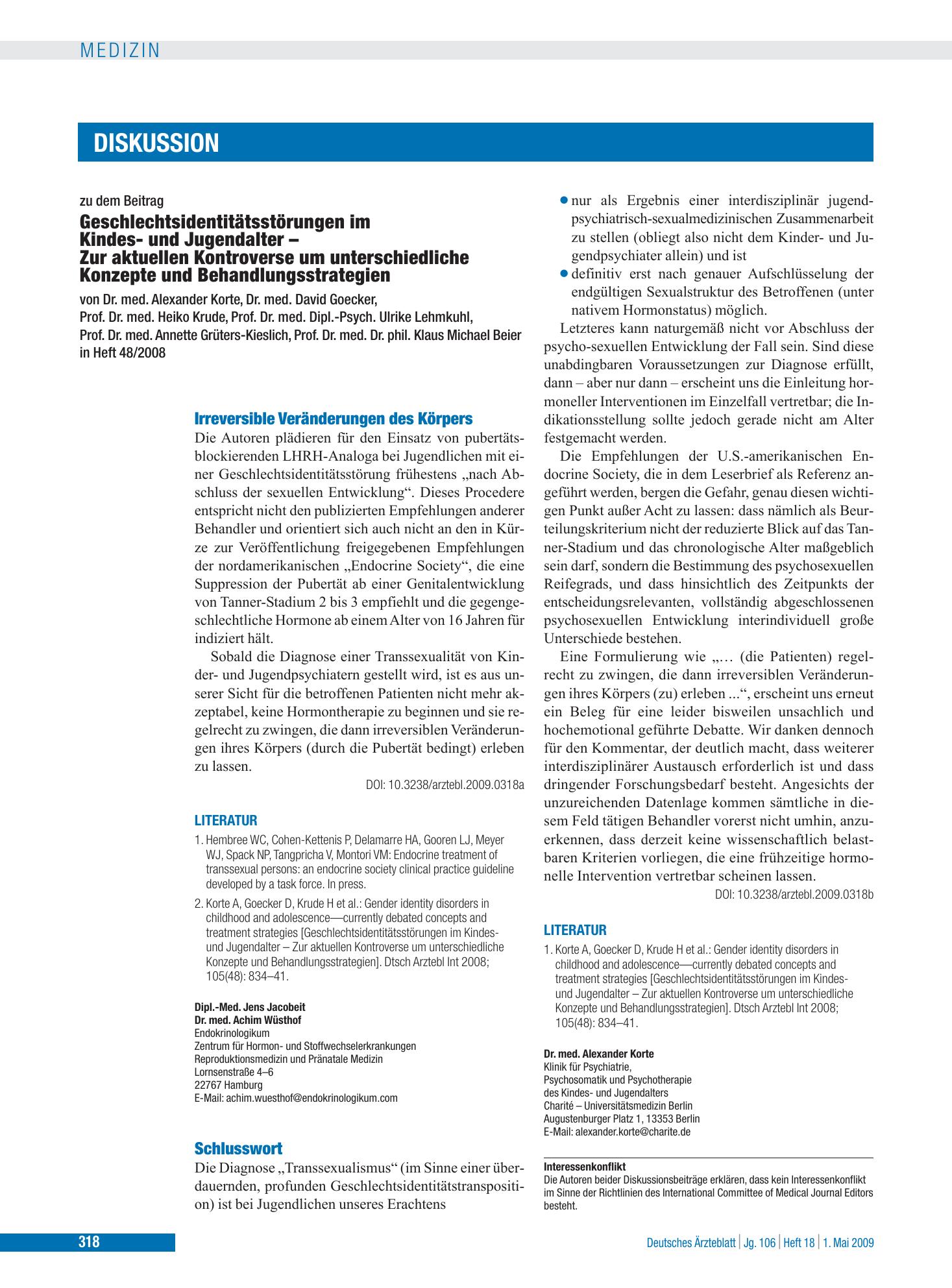 Vorschauseite 1: Geschlechtsidentitätsstörungen im Kindes- und Jugendalter – Zur aktuellen Kontroverse um unterschiedliche Konzepte und Behandlungsstrategien: Schlusswort – Deutsches Ärzteblatt