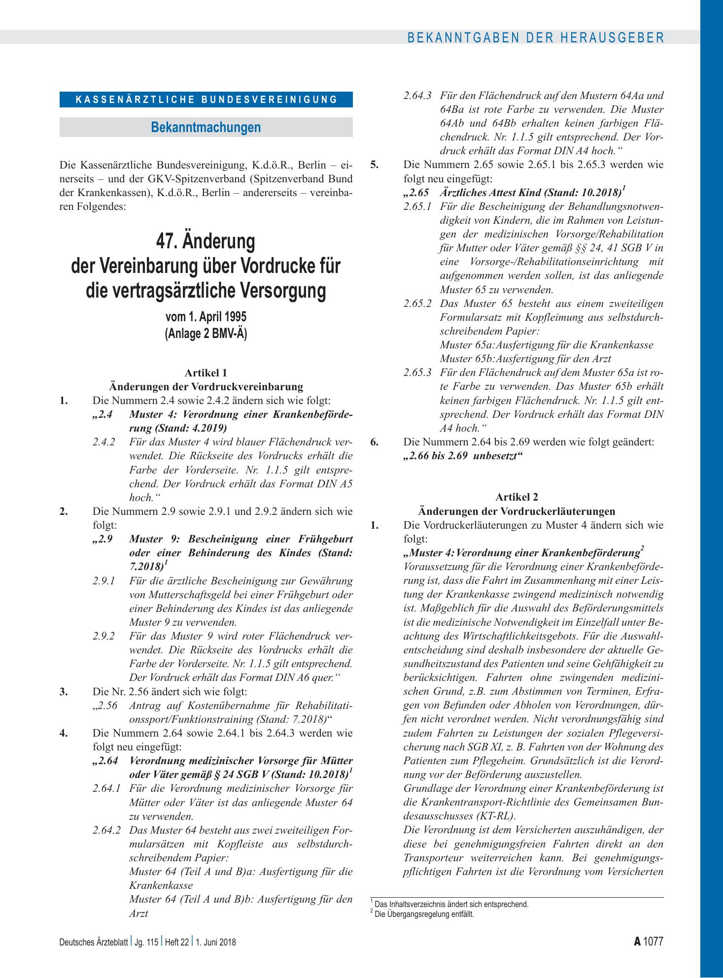 Vorschauseite 1: 47. Änderung der Vereinbarung über Vordrucke für die vertragsärztliche Versorgung, 10. Änderung der Vereinbarung über den Einsatz des Blankoformularbedruckungs-Verfahrens zur Hers…