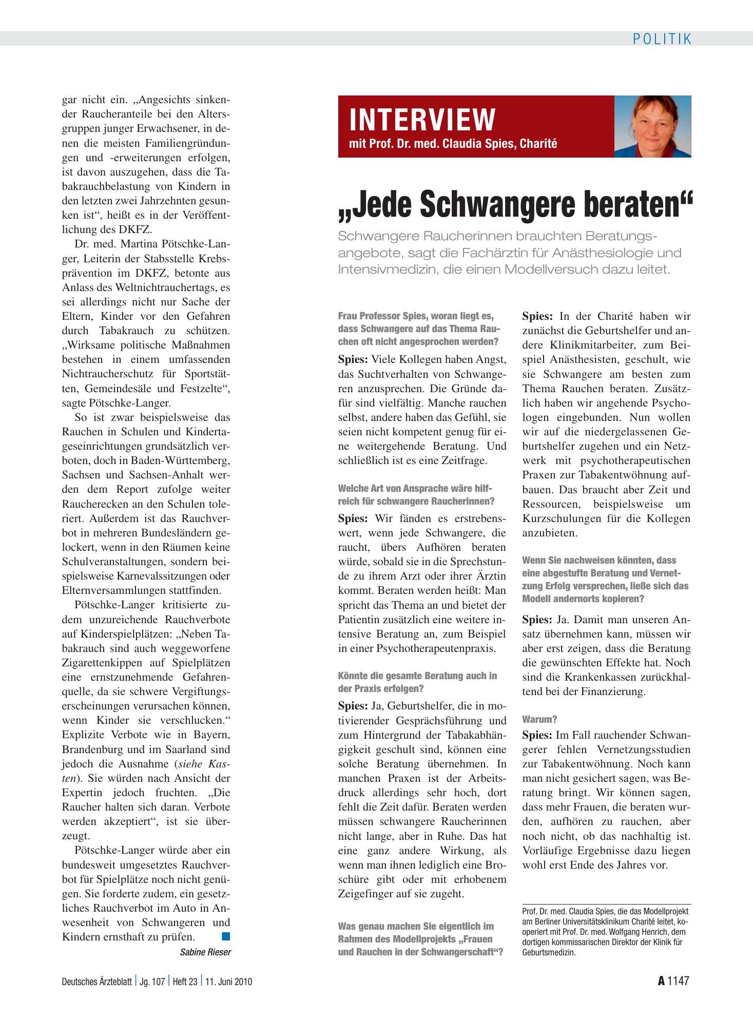 Vorschauseite 1: Interview mit Prof. Dr. med. Claudia Spies, Charité „Jede Schwangere beraten“ – Deutsches Ärzteblatt