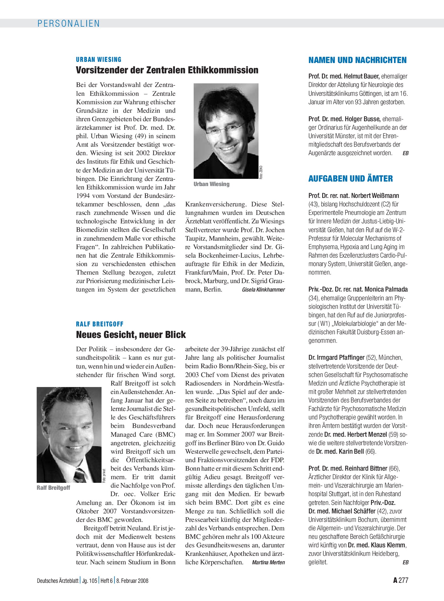 Vorschauseite 1: Aufgaben und Ämter – Deutsches Ärzteblatt