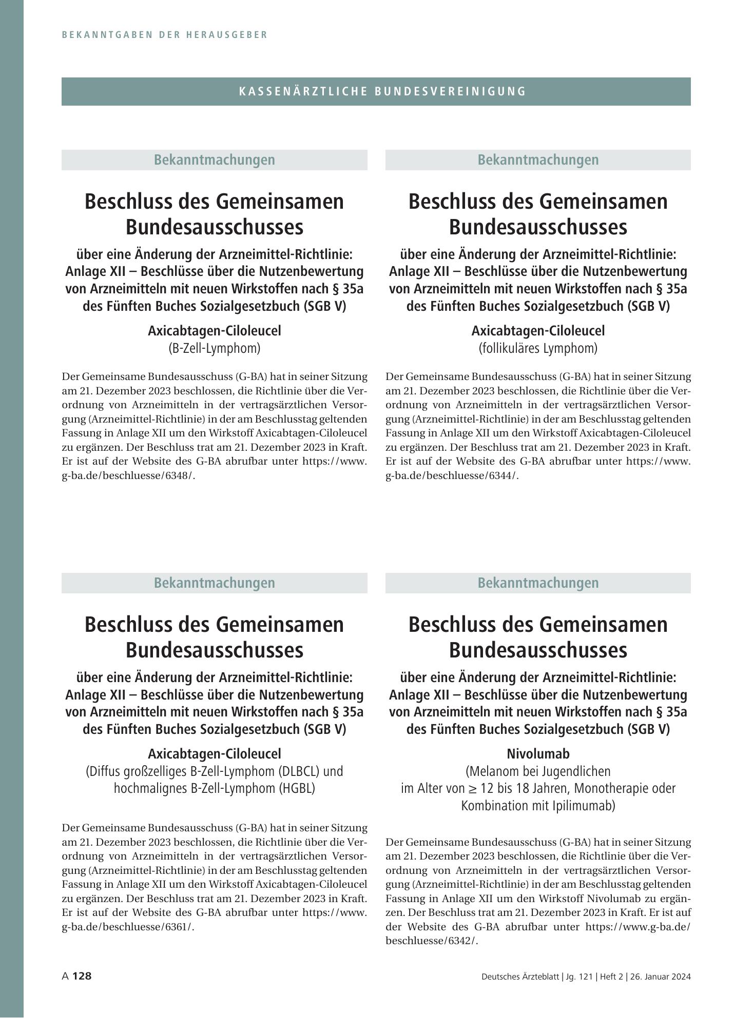 Vorschauseite 1: Beschluss des Gemeinsamen Bundesausschusses über eine Änderung der Arzneimittel-Richtlinie: Anlage XII – Axicabtagen-Ciloleucel (follikuläres Lymphom) – Deutsches Ärzteblatt