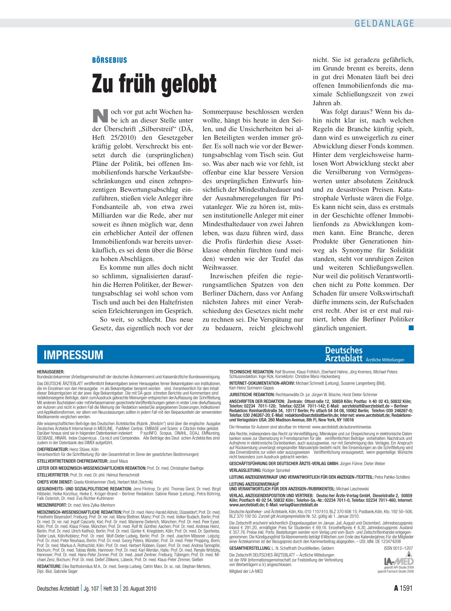 Vorschauseite 1: Börsebius: Zu früh gelobt – Deutsches Ärzteblatt