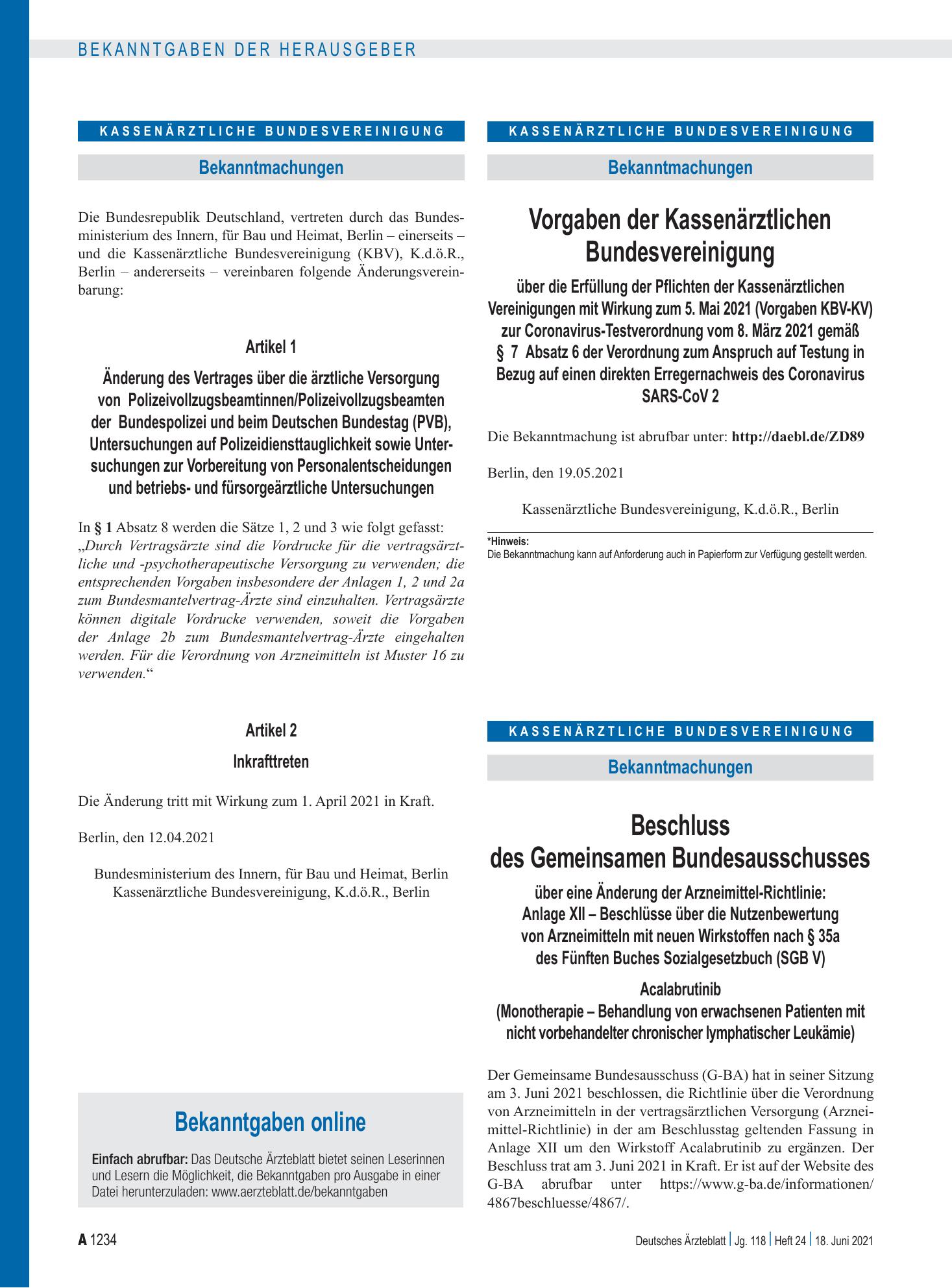 Vorschauseite 1: Bekanntgaben online – Deutsches Ärzteblatt
