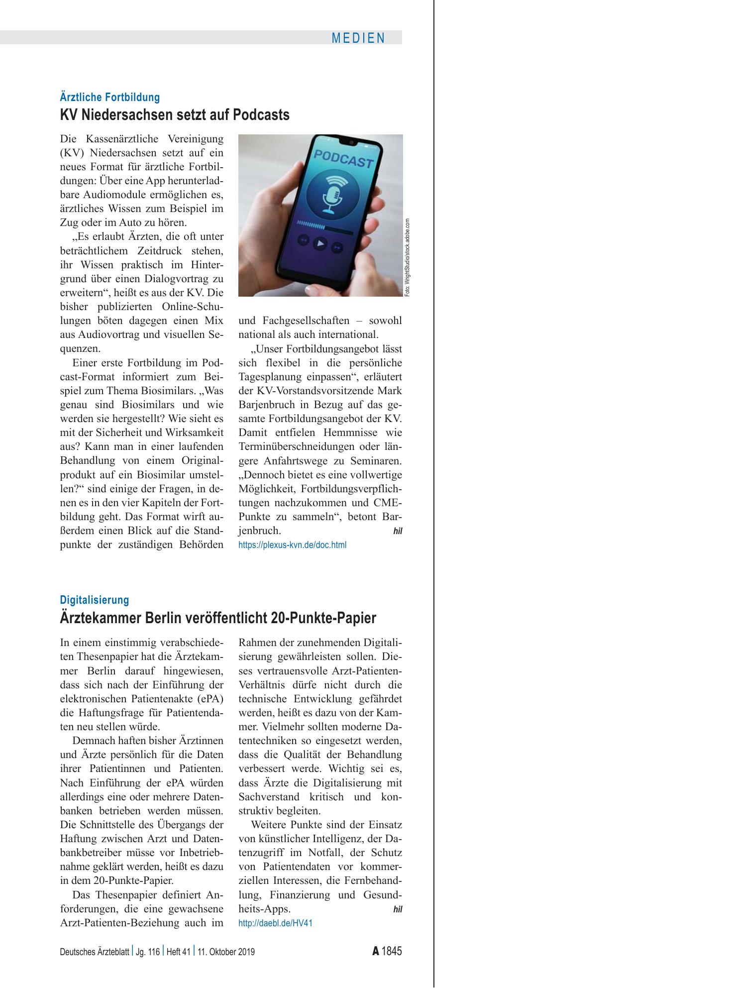 Vorschauseite 1: Digitalisierung: Ärztekammer Berlin veröffentlicht 20-Punkte-Papier – Deutsches Ärzteblatt