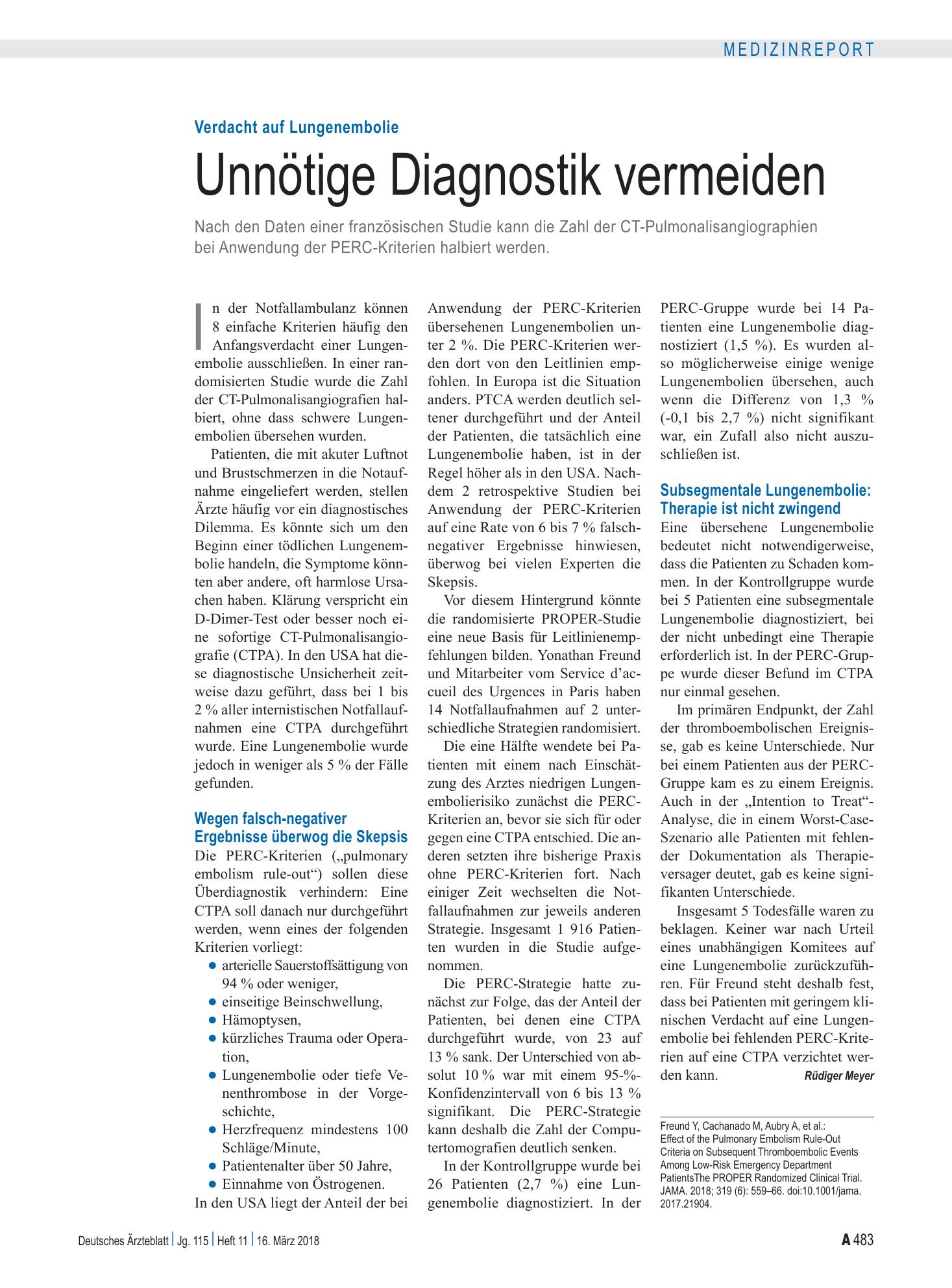 Vorschauseite 1: Verdacht auf Lungenembolie: Unnötige Diagnostik vermeiden – Deutsches Ärzteblatt