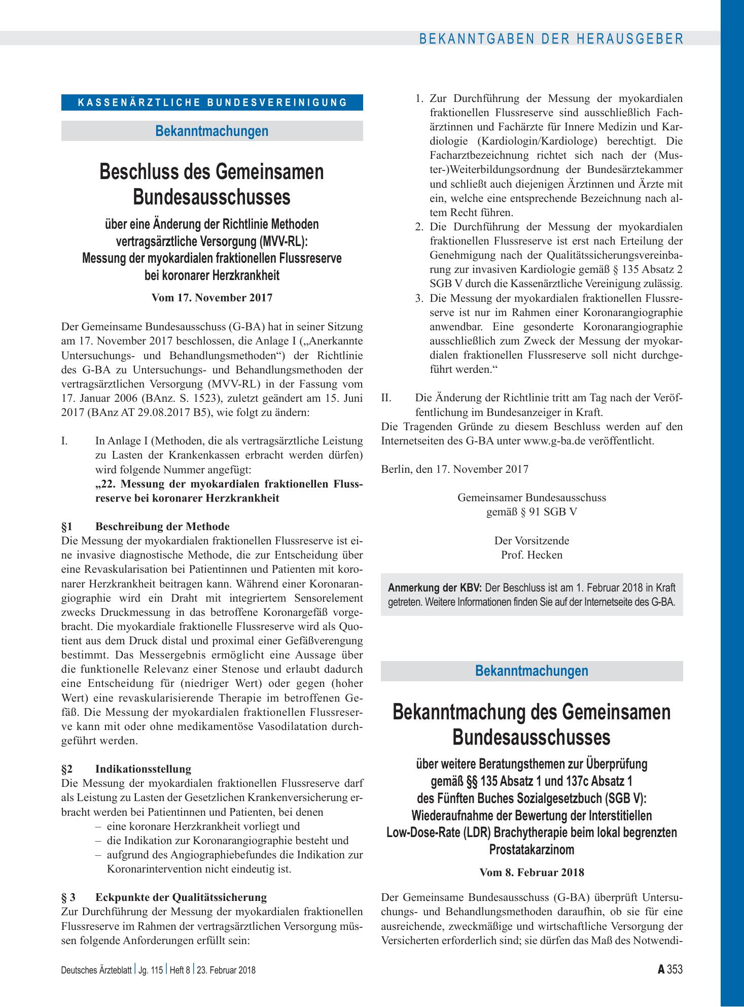 Vorschauseite 1: Beschluss des Gemeinsamen Bundesausschusses über eine Änderung der Richtlinie Methoden vertragsärztliche Versorgung (MVV-RL): Messung der myokardialen fraktionellen Flussreserve b…