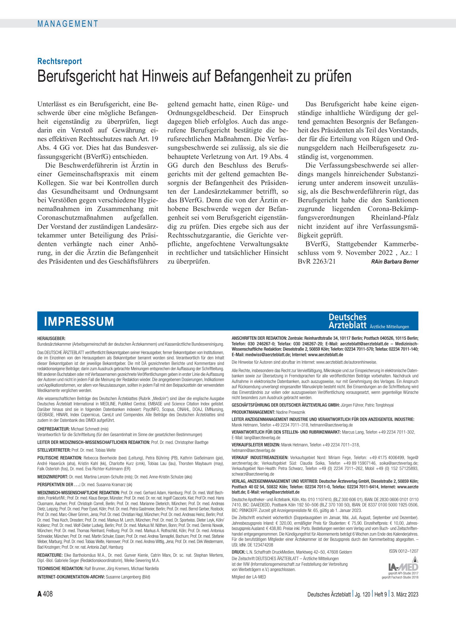 Vorschauseite 1: Rechtsreport: Berufsgericht hat Hinweis auf Befangenheit zu prüfen – Deutsches Ärzteblatt