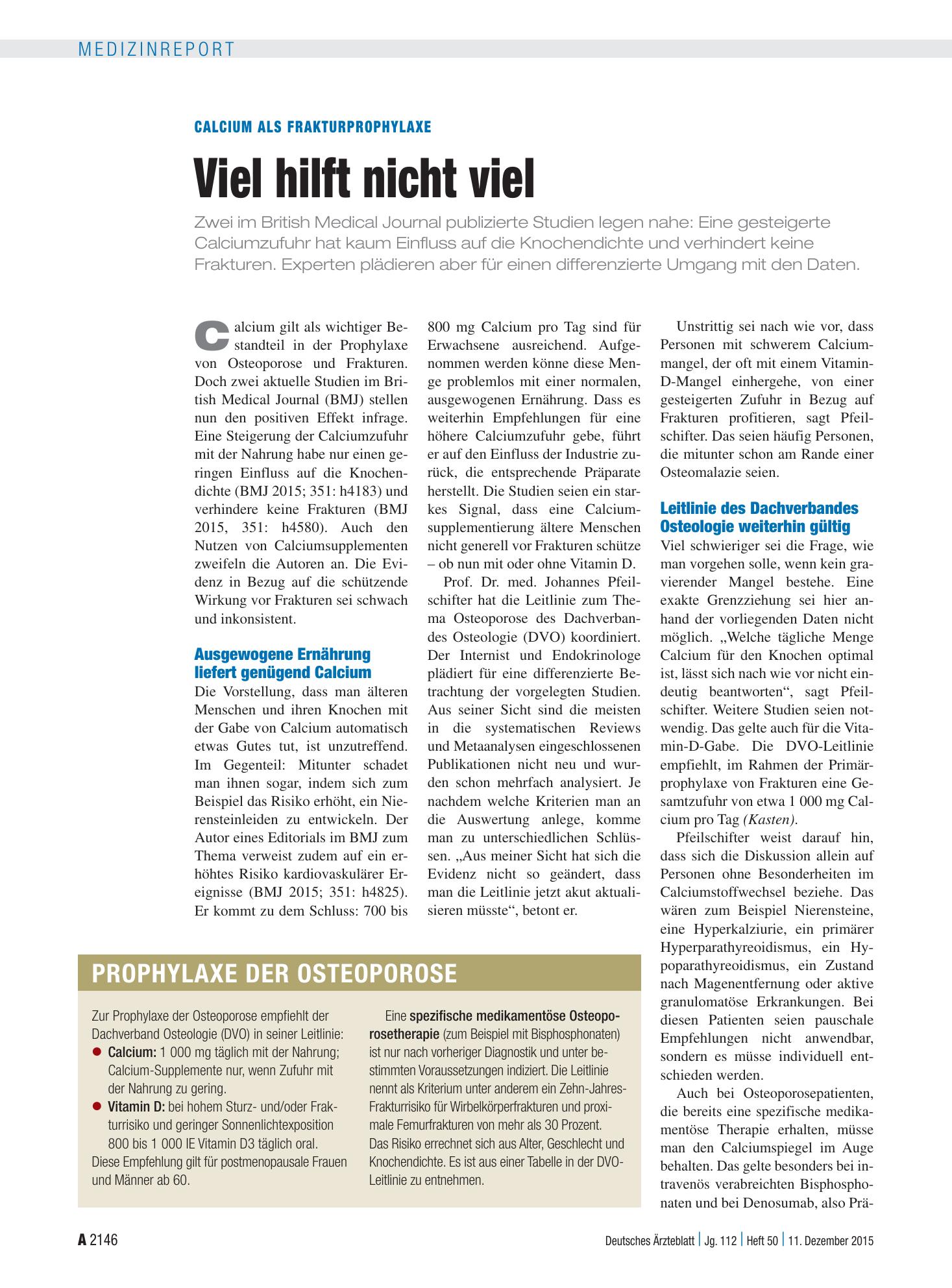 Vorschauseite 1: Calcium als Frakturprophylaxe: Viel hilft nicht viel – Deutsches Ärzteblatt
