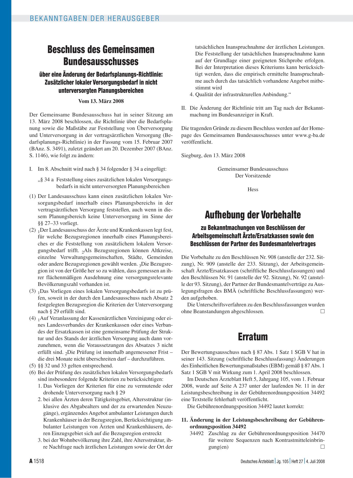Vorschauseite 1: Bekanntmachungen: Erratum – Deutsches Ärzteblatt