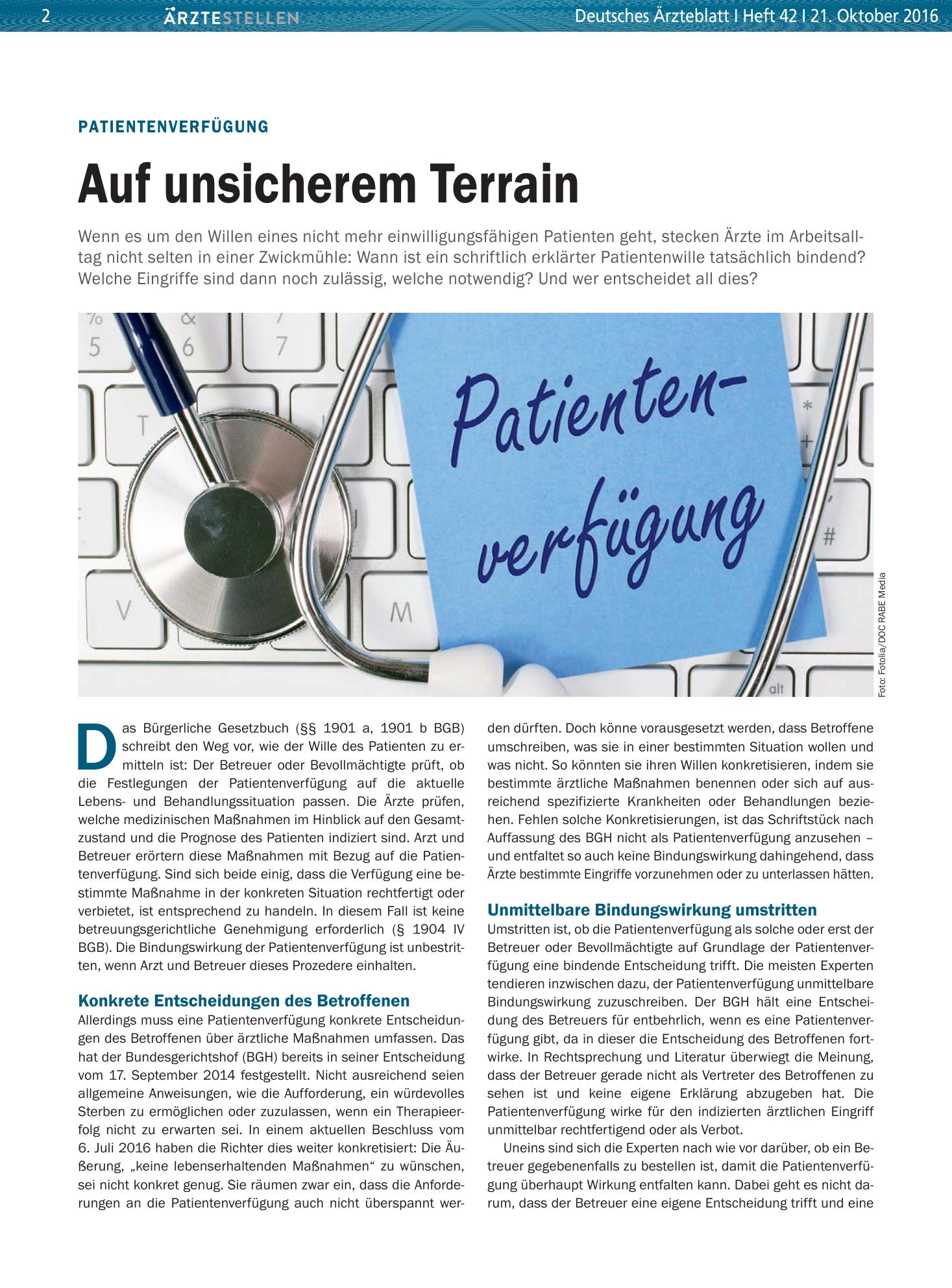 Vorschauseite 1: Patientenverfügung: Auf unsicherem Terrain – Deutsches Ärzteblatt