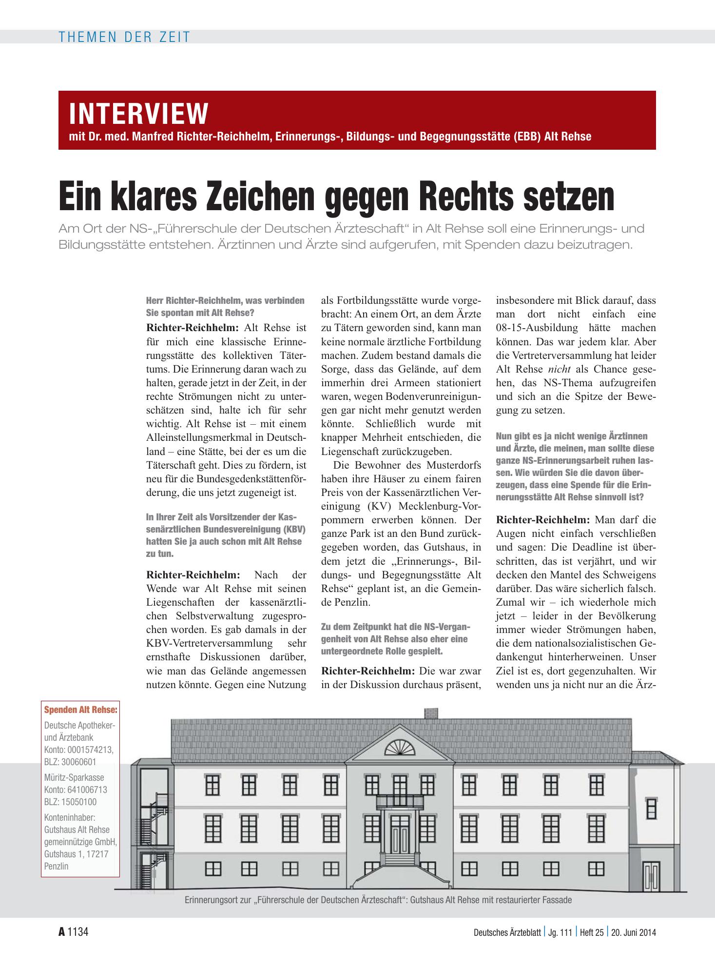 Vorschauseite 1: Interview mit Dr. med. Manfred Richter-Reichhelm, Erinnerungs-, Bildungs- und Begegnungsstätte (EBB) Alt Rehse: Ein klares Zeichen gegen Rechts setzen – Deutsches Ärzteblatt