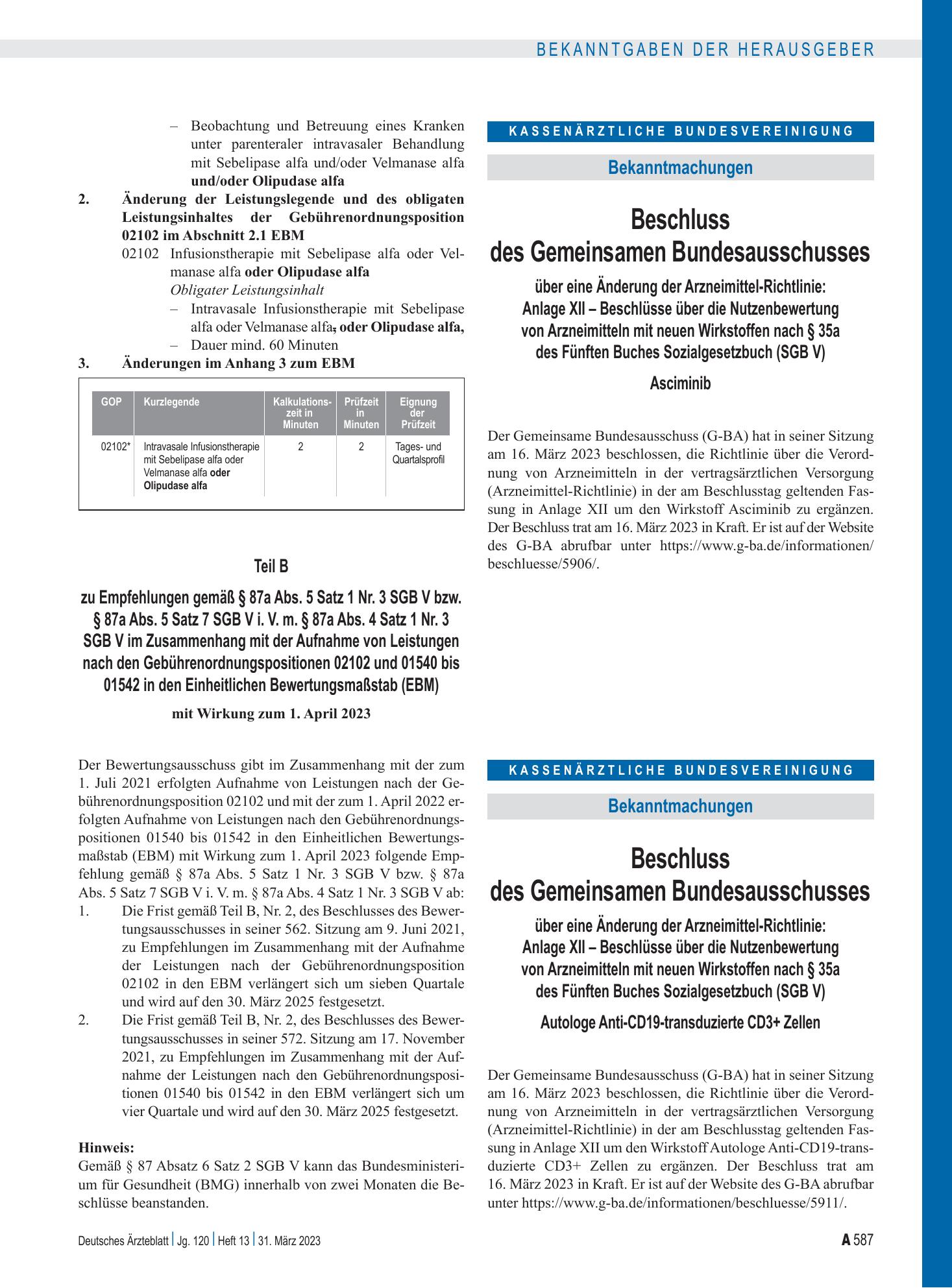 Vorschauseite 1: Beschluss des Gemeinsamen Bundesausschusses über eine Änderung der Arzneimittel-Richtlinie: Asciminib – Deutsches Ärzteblatt