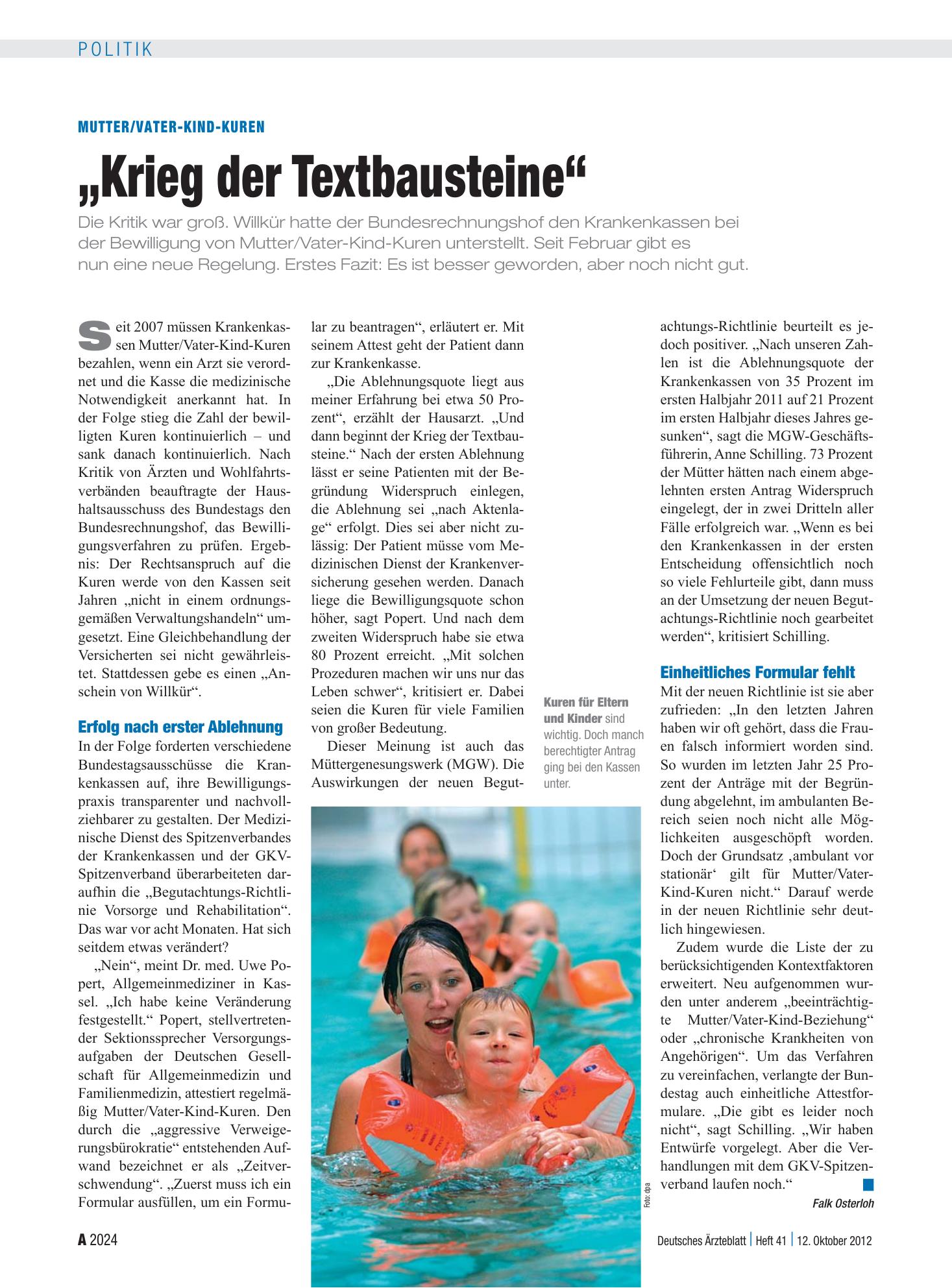 Vorschauseite 1: Mutter/Vater-Kind-Kuren: „Krieg der Textbausteine“ – Deutsches Ärzteblatt