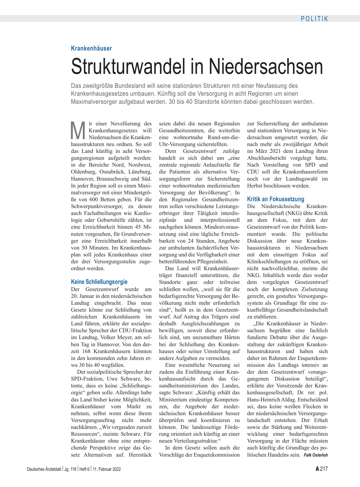Vorschauseite 1: Krankenhäuser: Strukturwandel in Niedersachsen – Deutsches Ärzteblatt