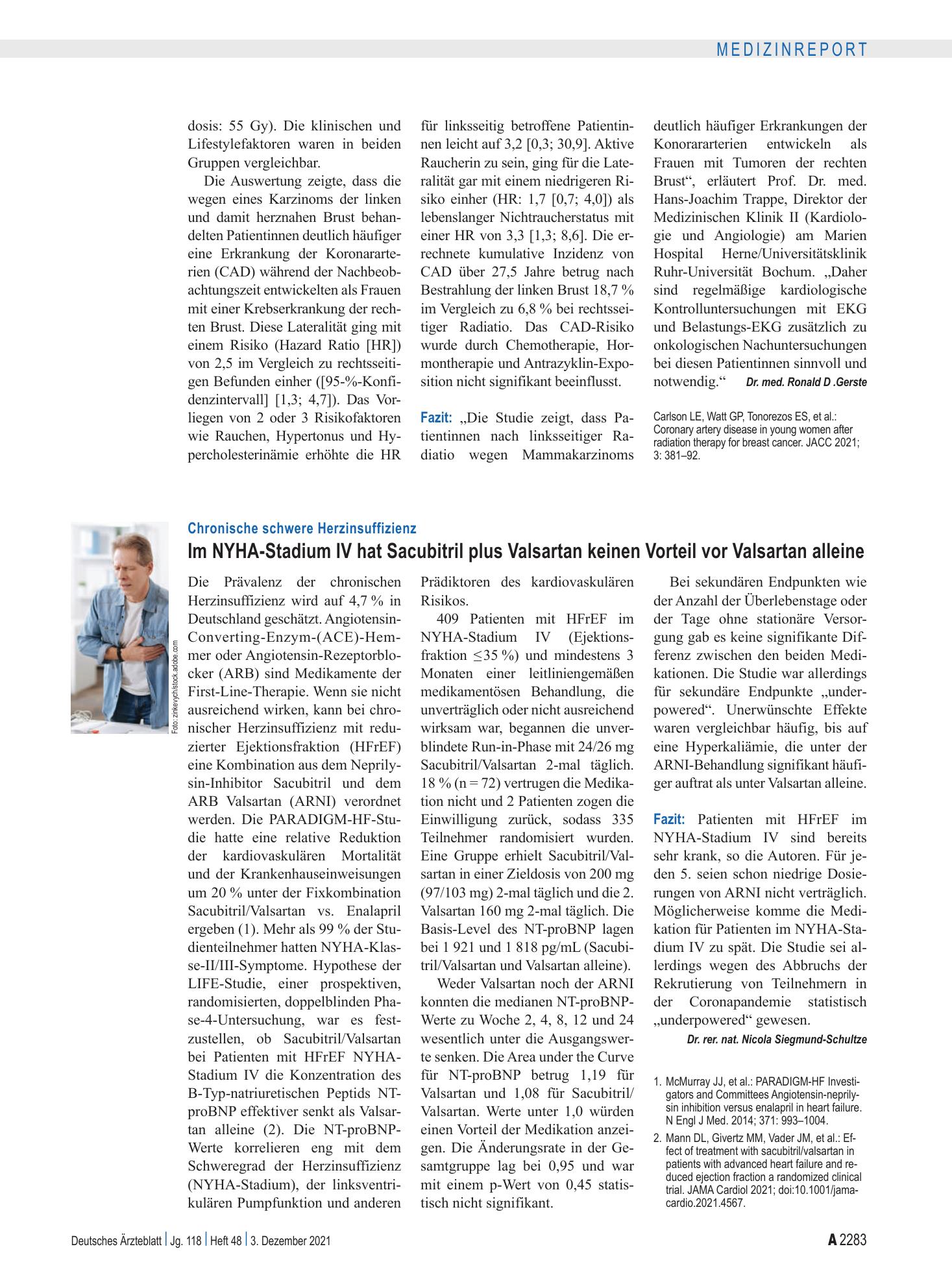 Vorschauseite 1: Chronische schwere Herzinsuffizienz: Im NYHA-Stadium IV hat Sacubitril plus Valsartan keinen Vorteil vor Valsartan alleine – Deutsches Ärzteblatt