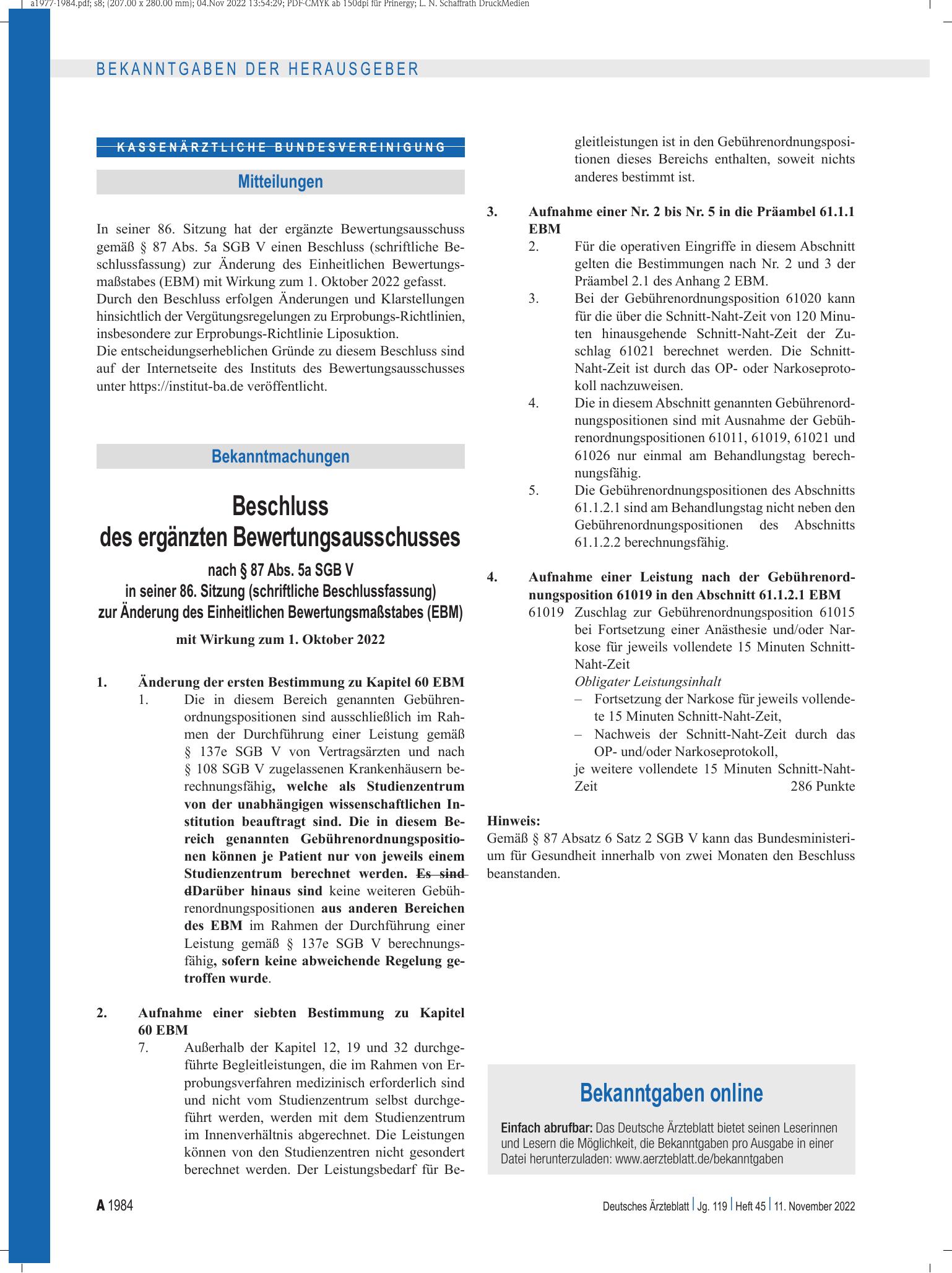 Vorschauseite 1: Beschluss des ergänzten Bewertungsausschusses nach § 87 Abs. 5a SGB V in seiner 86. Sitzung (schriftliche Beschlussfassung) zur Änderung des Einheitlichen Bewertungsmaßstabes (EBM…