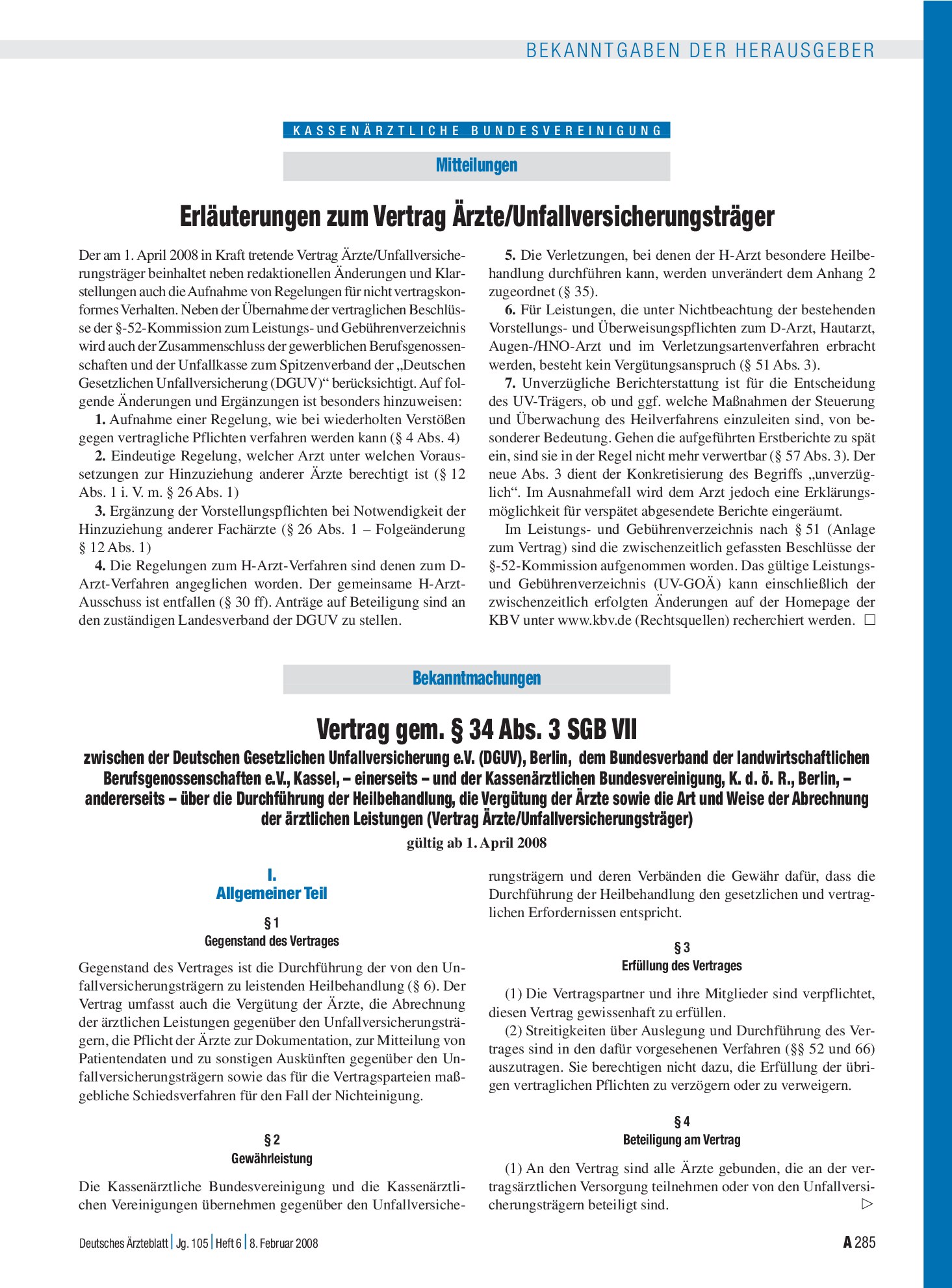 Vorschauseite 1: Bekanntmachungen: Vertrag gem. § 34 Abs. 3 SGB VII – Deutsches Ärzteblatt