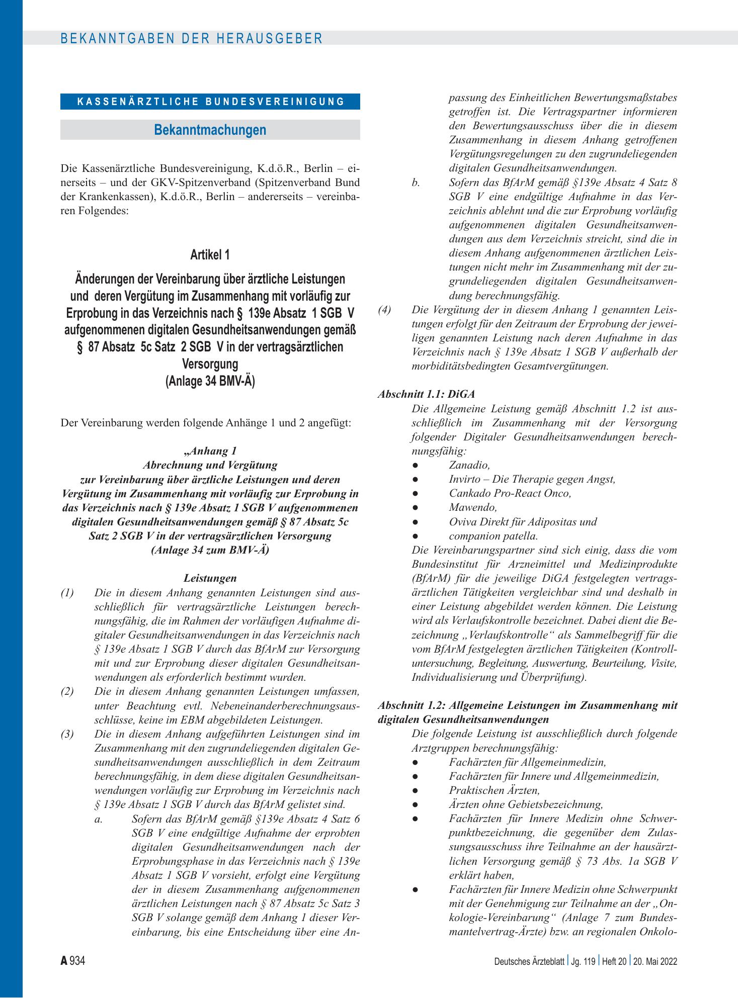 Vorschauseite 1: Änderungen der Vereinbarung über ärztliche Leistungen und deren Vergütung im Zusammenhang mit vorläufig zur Erprobung in das Verzeichnis nach § 139e Absatz 1 SGB V aufgenommenen d…